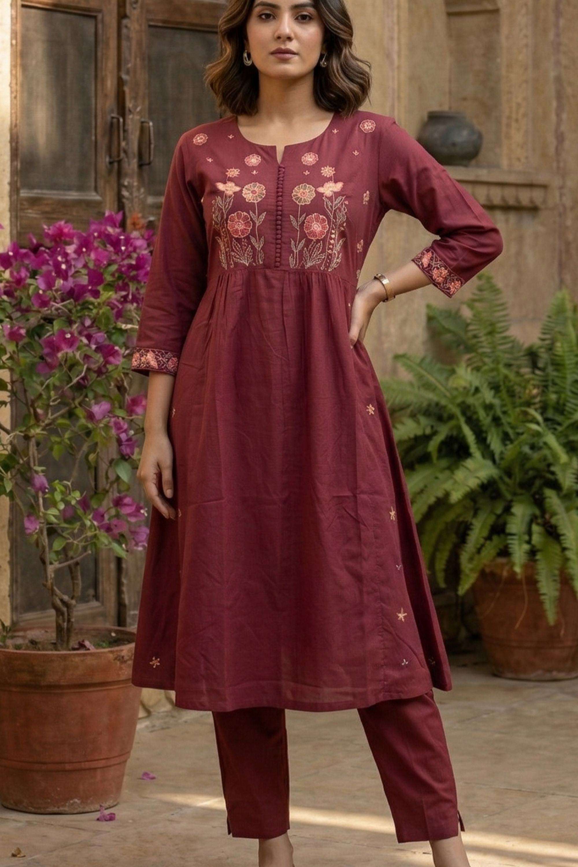Embroidered-Rayon-Round-Neck-Women-Kurta-with-Pant