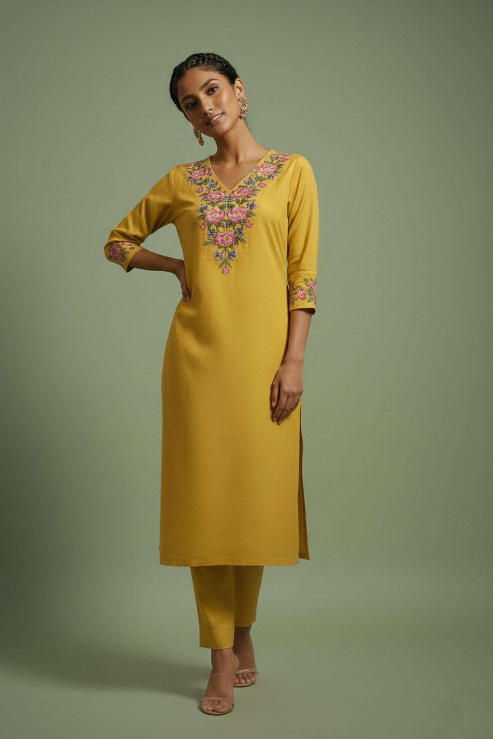 Embroidered-Rayon-V-Neck-Women-Kurta-with-Pant