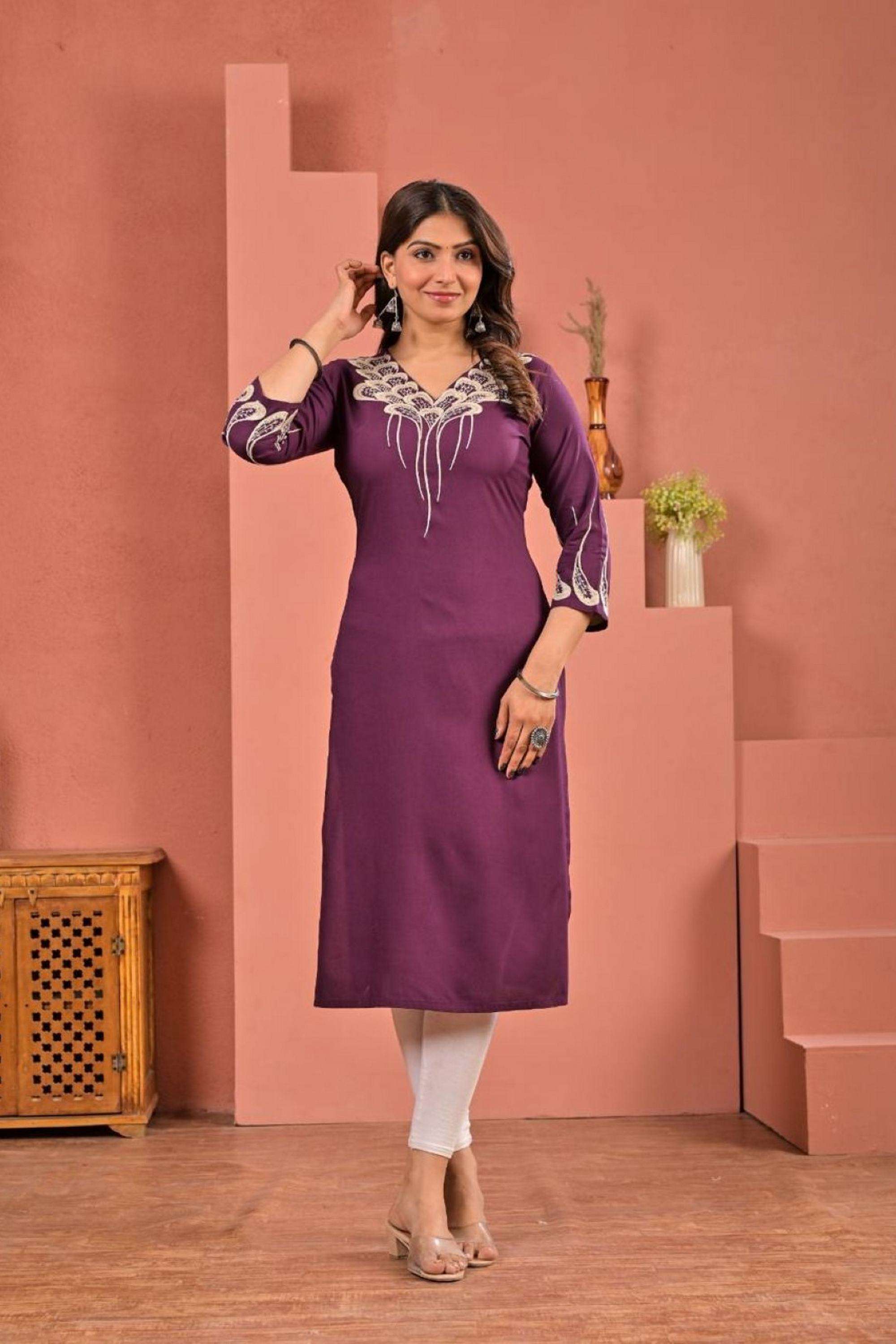 Embroidered-Rayon-V-Neck-Women-Kurta