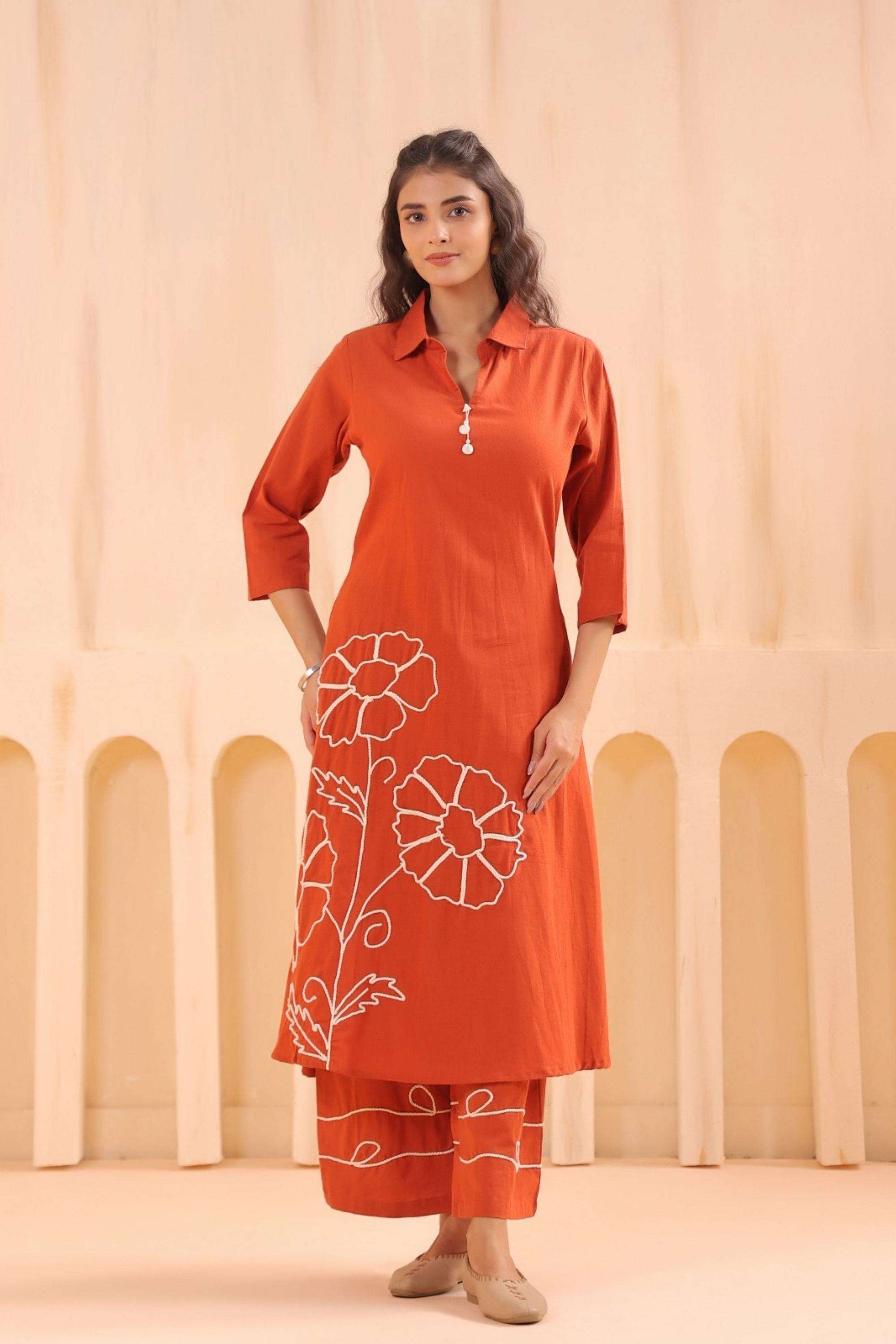 Embellished-Blended-Fabric-Collared-Women-Kurta-with-Palazzo
