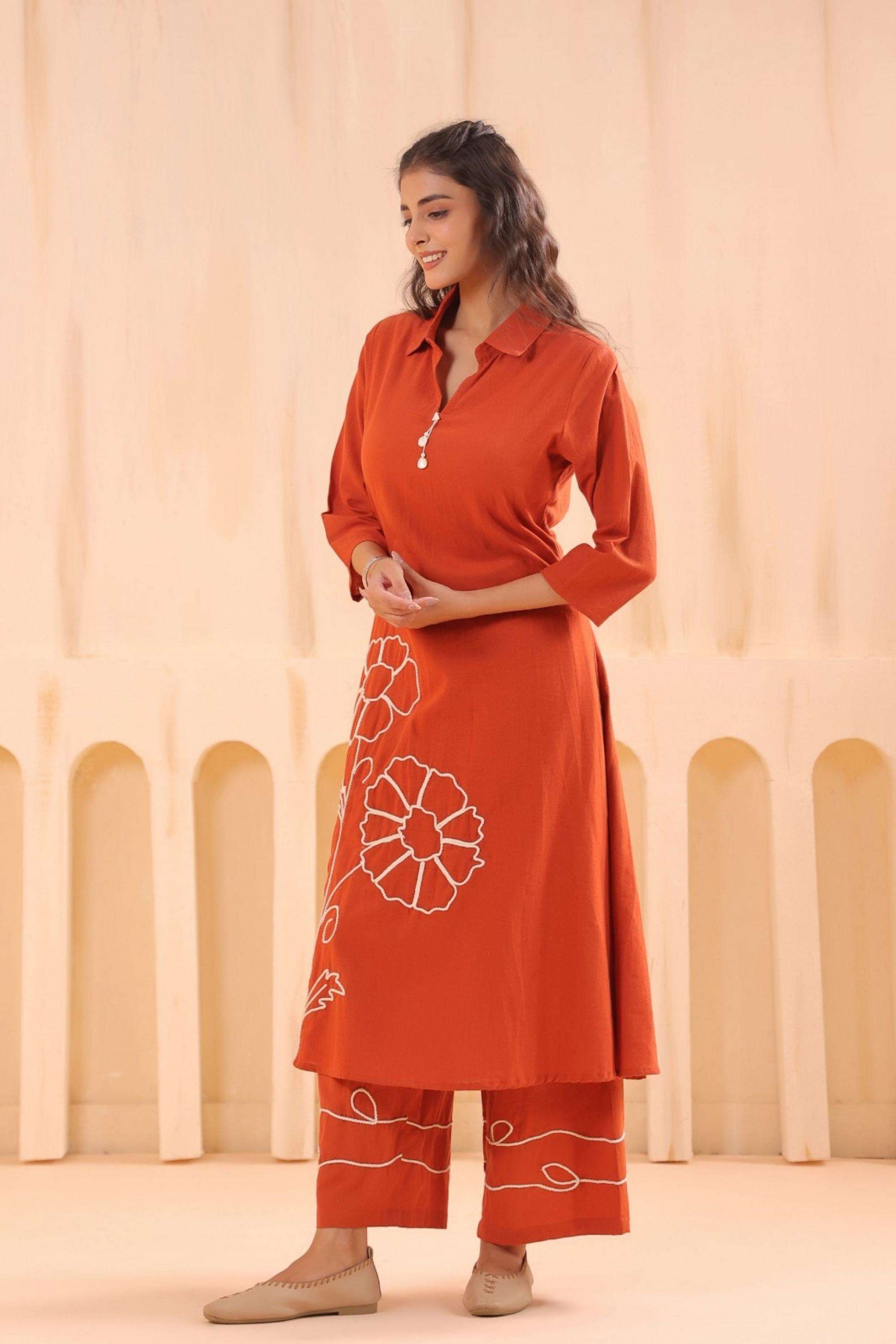 Embellished-Blended-Fabric-Collared-Women-Kurta-with-Palazzo