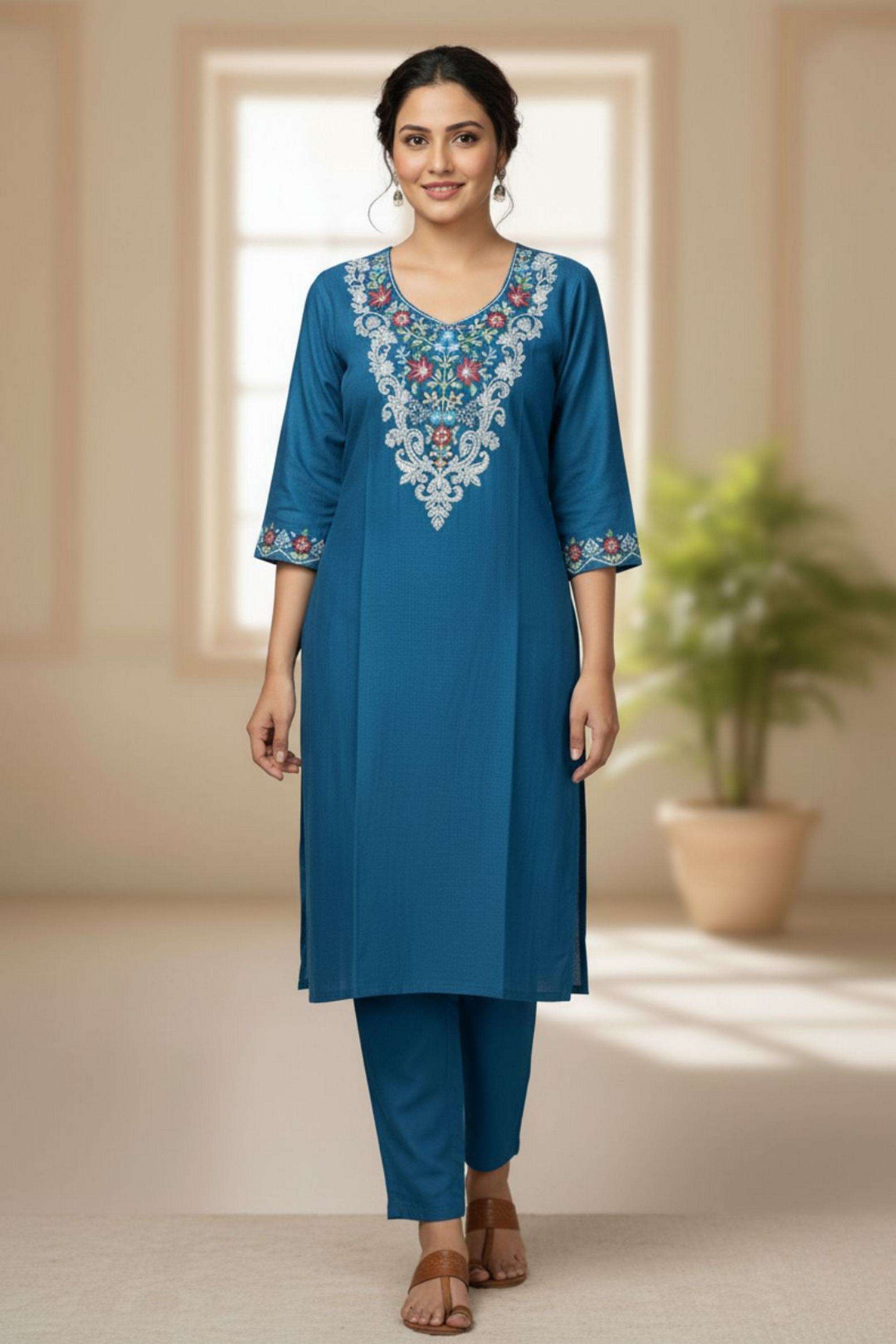 Embroidered-V-Neck-Viscose-Women-Kurta-with-Pant