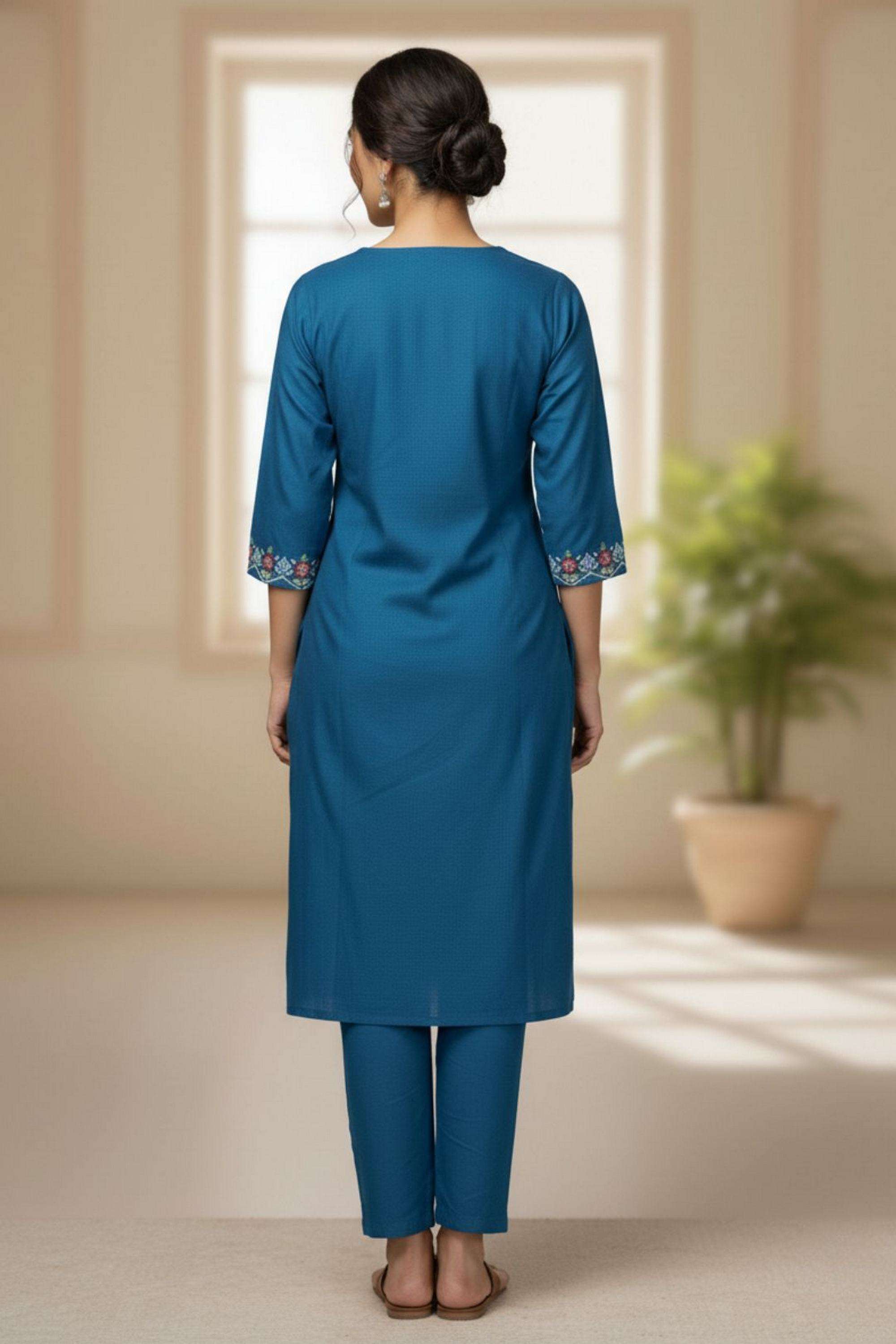 Embroidered-V-Neck-Viscose-Women-Kurta-with-Pant
