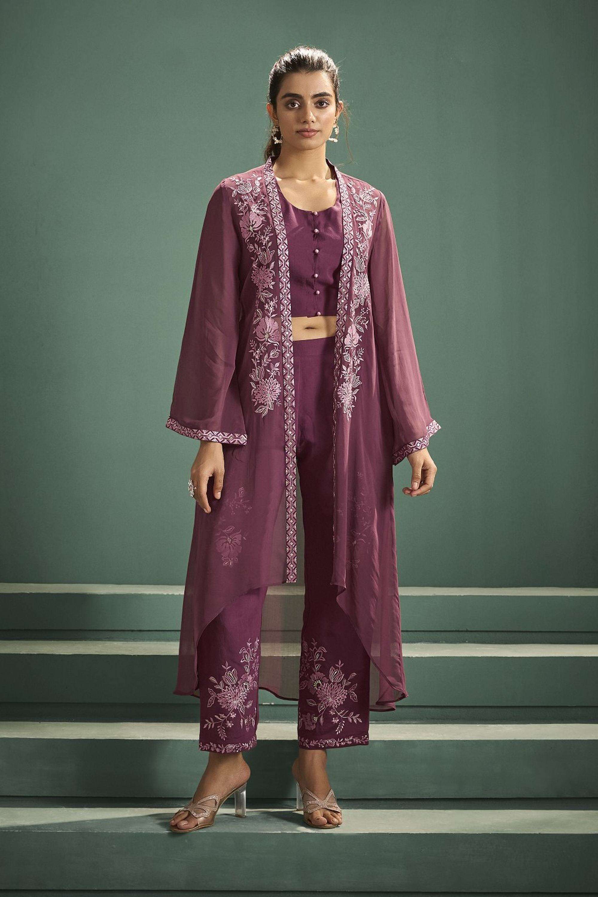 Embroidered-Cotton-Round-Neck-Women-Kurta-with-Shrug-and-Pant