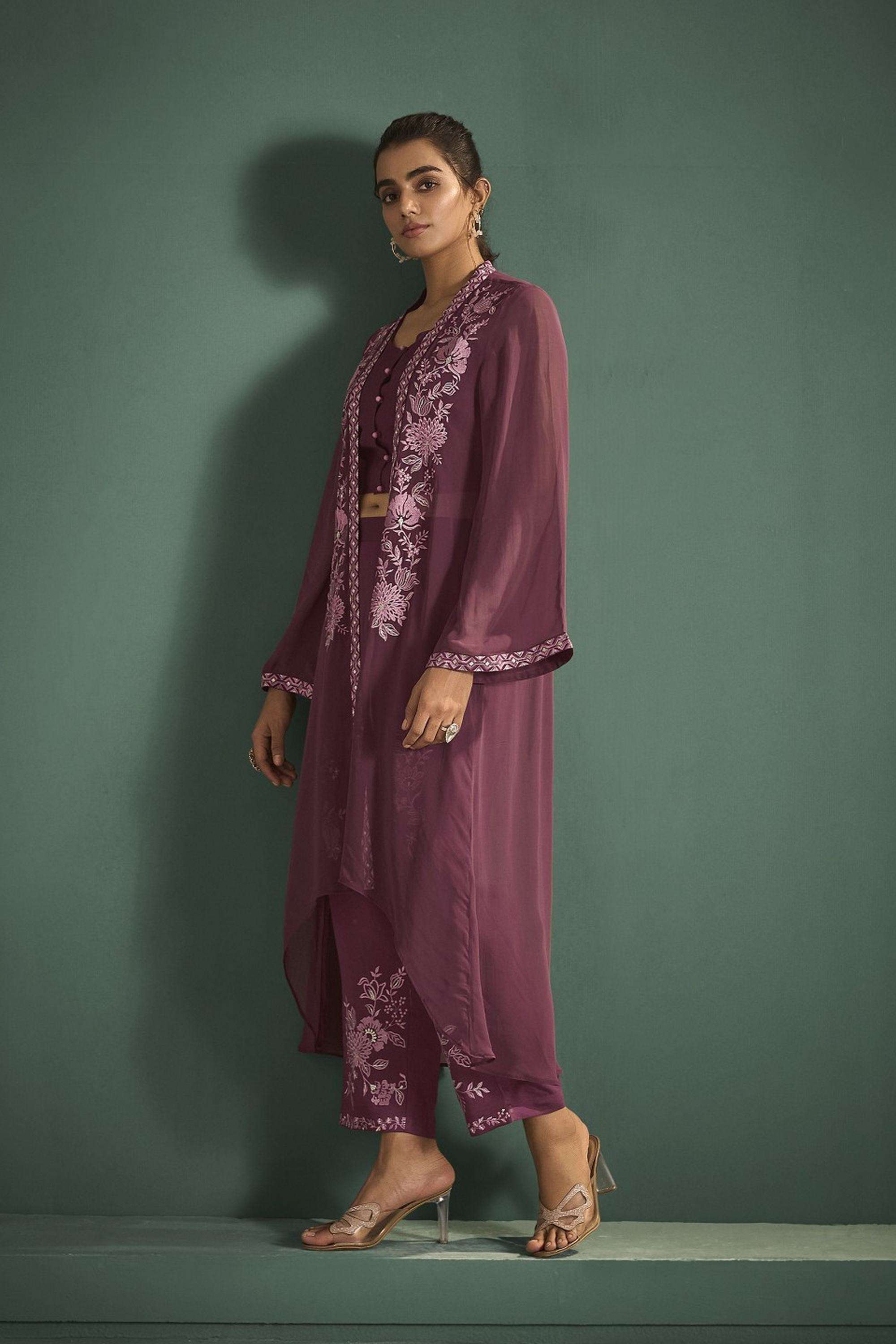 Embroidered-Cotton-Round-Neck-Women-Kurta-with-Shrug-and-Pant