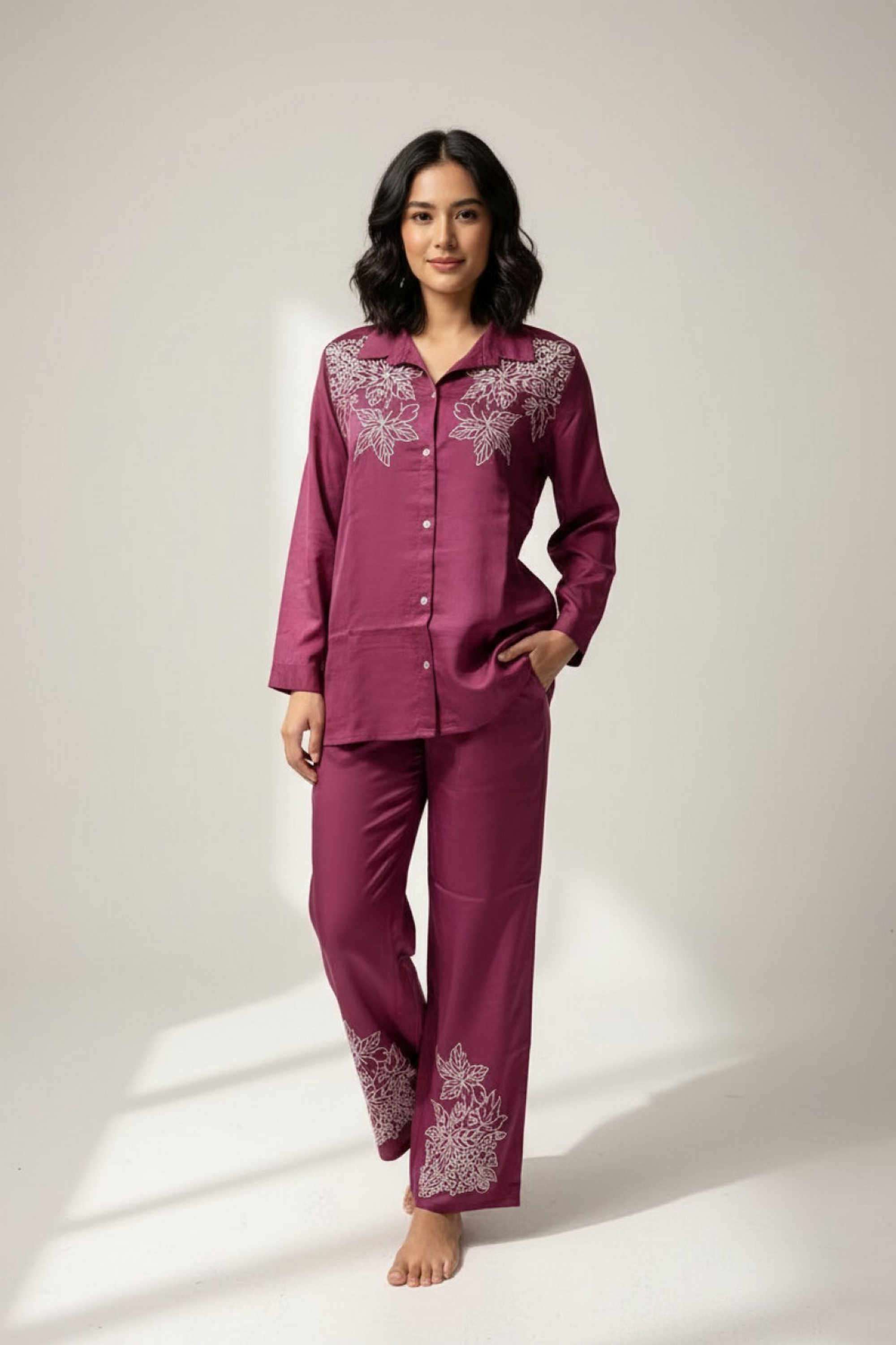 Embroidered-Collared-Blended-Fabric-Women-Shirt-with-Pant