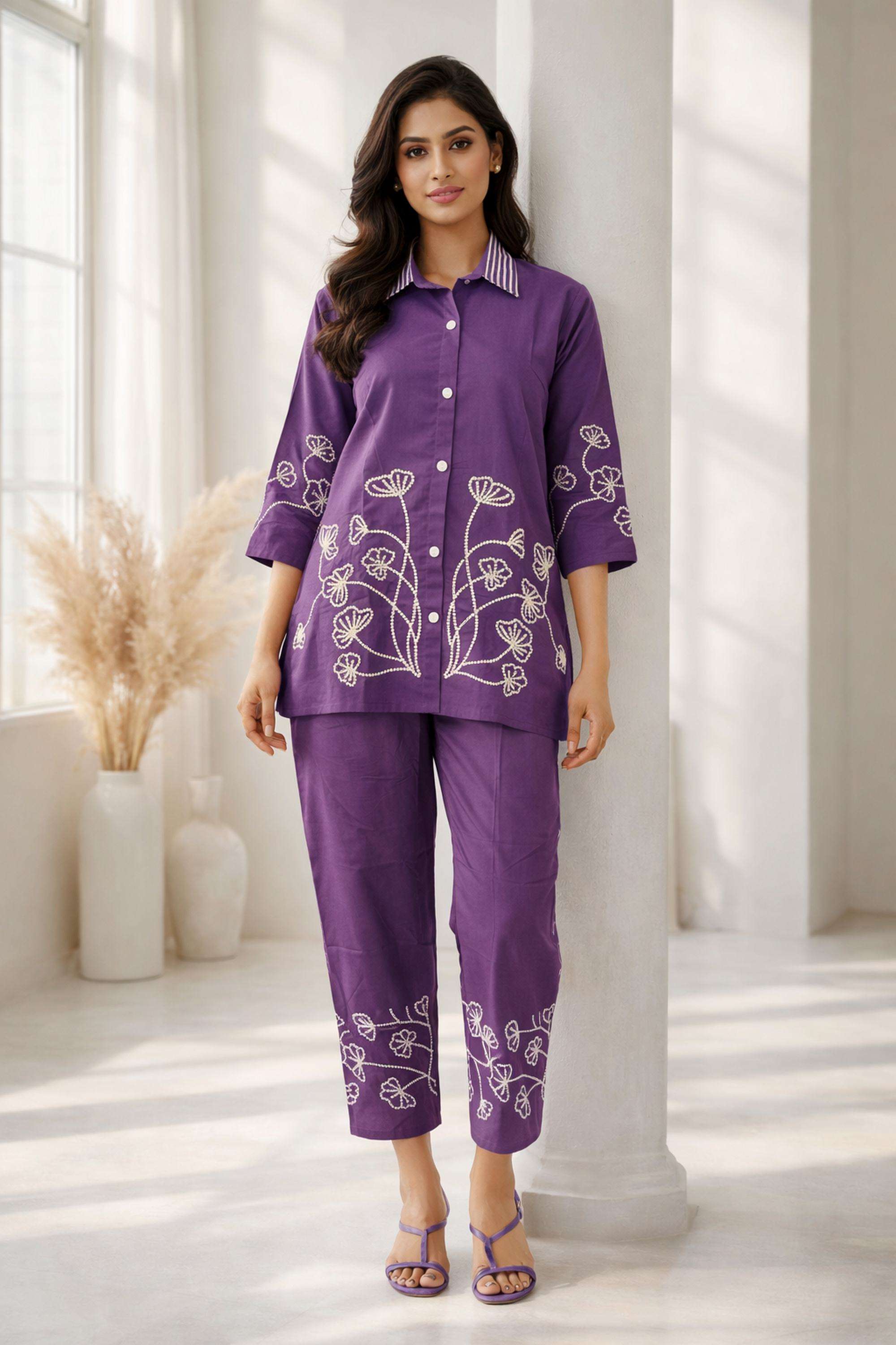 Embellished-Collared-Blended-Fabric-Women-Tunic-with-Pant