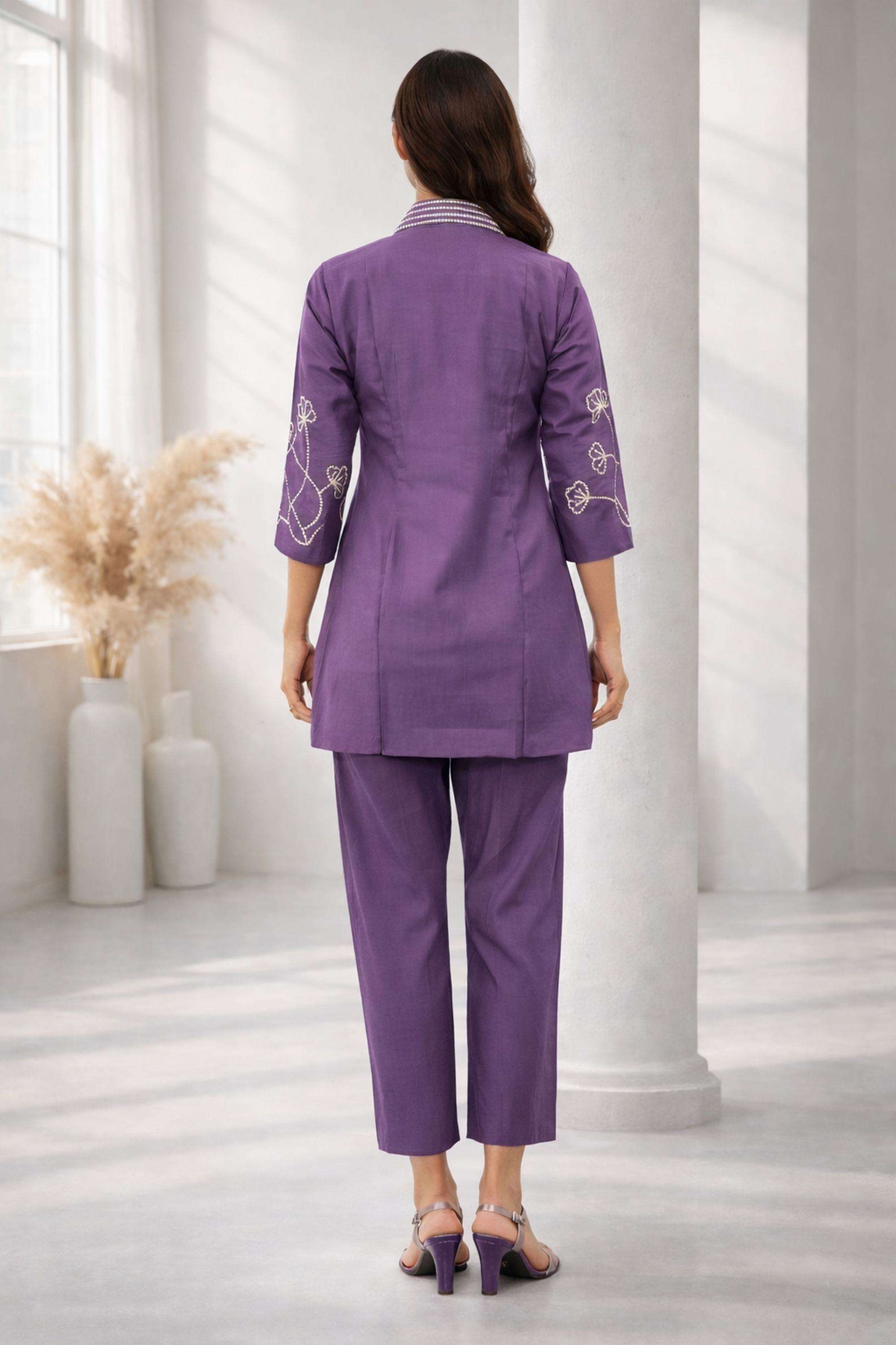 Embellished-Collared-Blended-Fabric-Women-Tunic-with-Pant