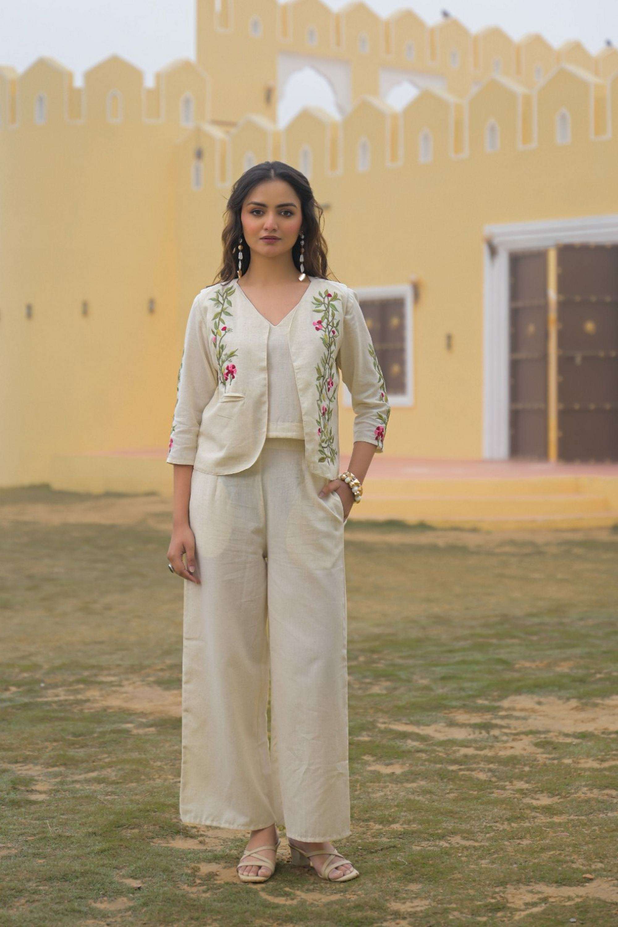 Embroidered-Cotton-V-Neck-Women-Kurta-with-Shrug-and-Pant
