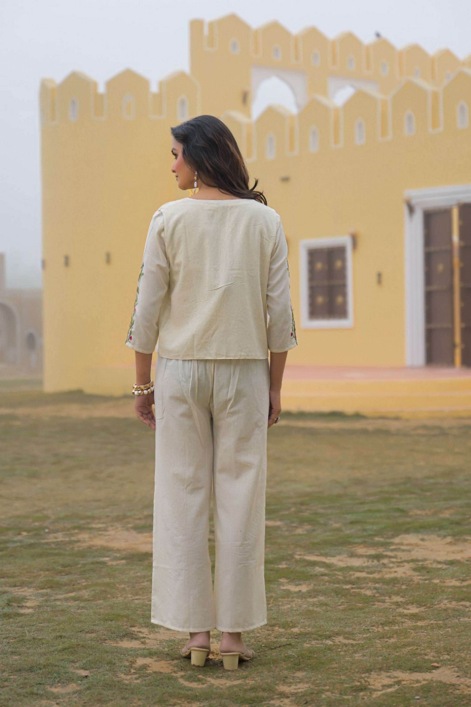 Embroidered-Cotton-V-Neck-Women-Kurta-with-Shrug-and-Pant