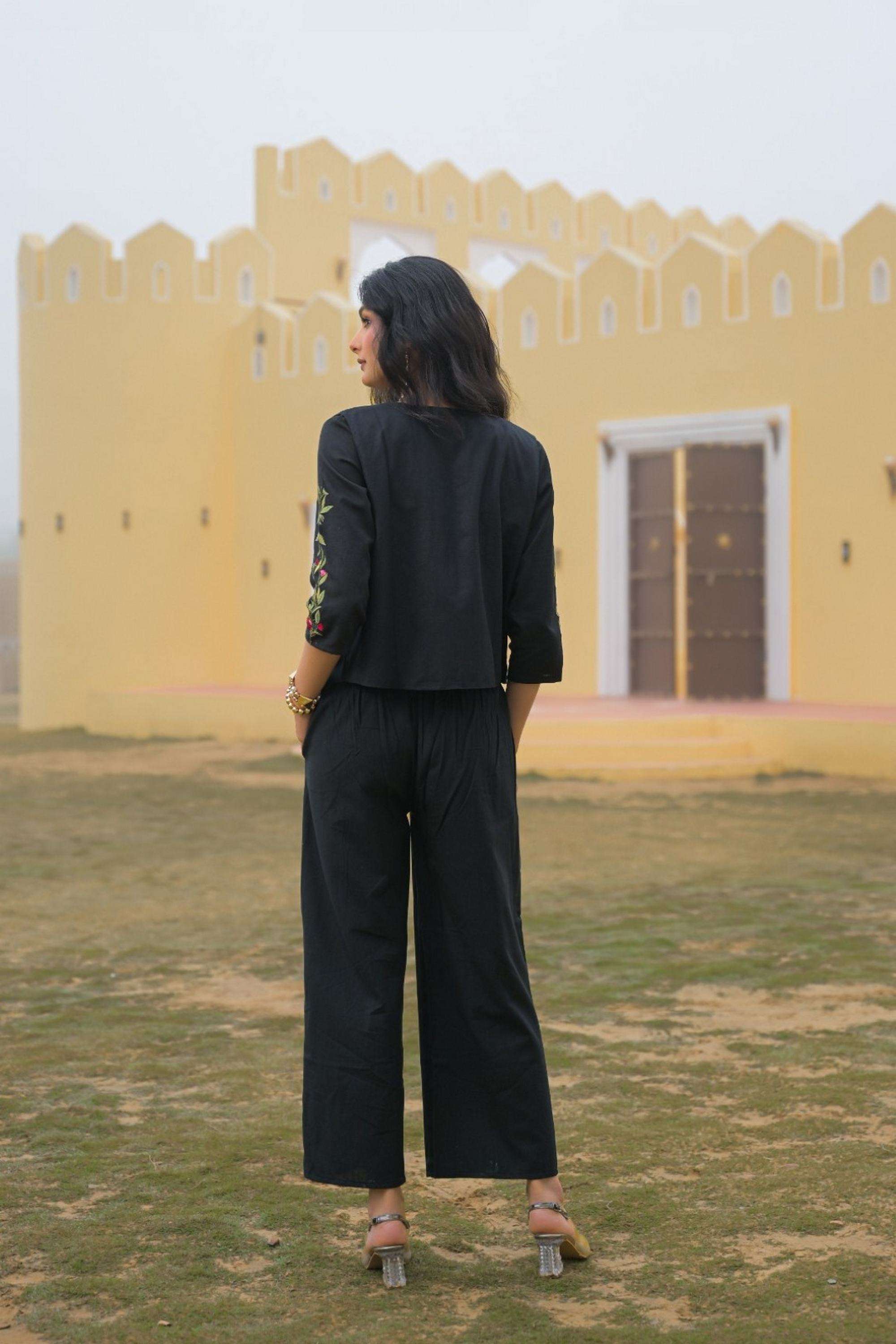 Embroidered-Cotton-V-Neck-Women-Kurta-with-Shrug-and-Pant
