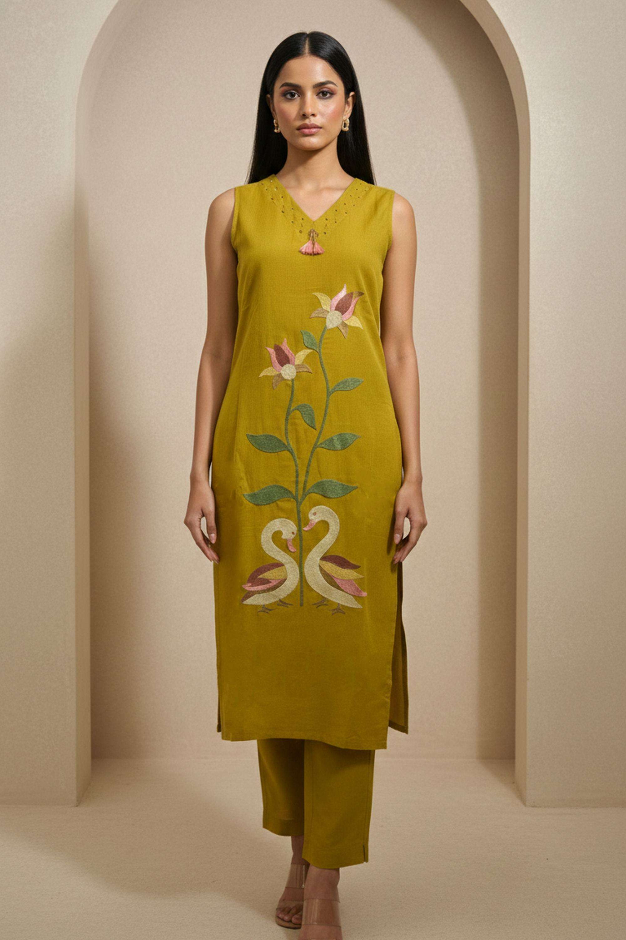 Embroidered-Cotton-Blend-V-Neck-Women-Kurta-with-Pant