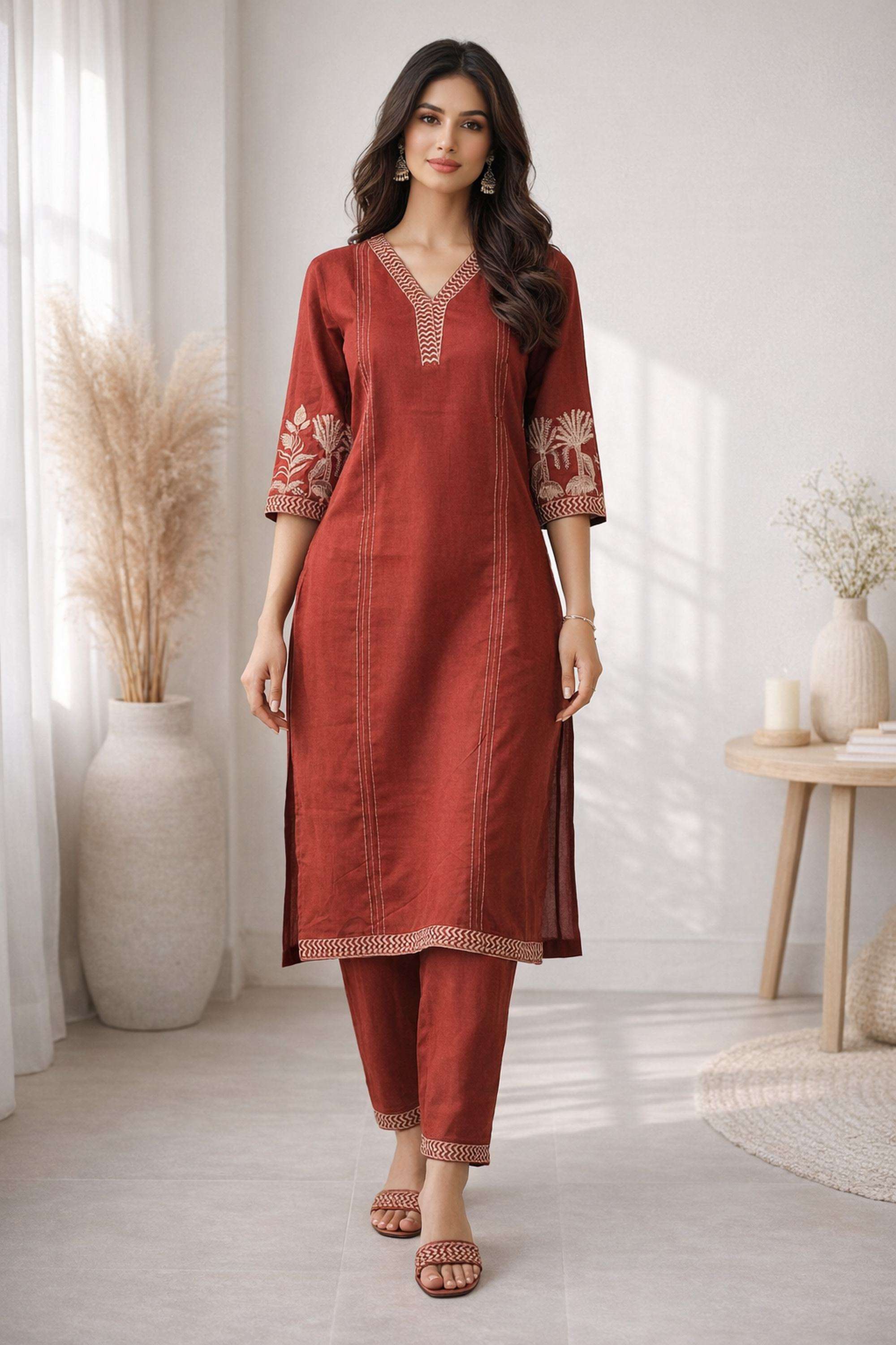 Embroidered-V-Neck-Cotton-Blend-Women-Kurta-with-Pant