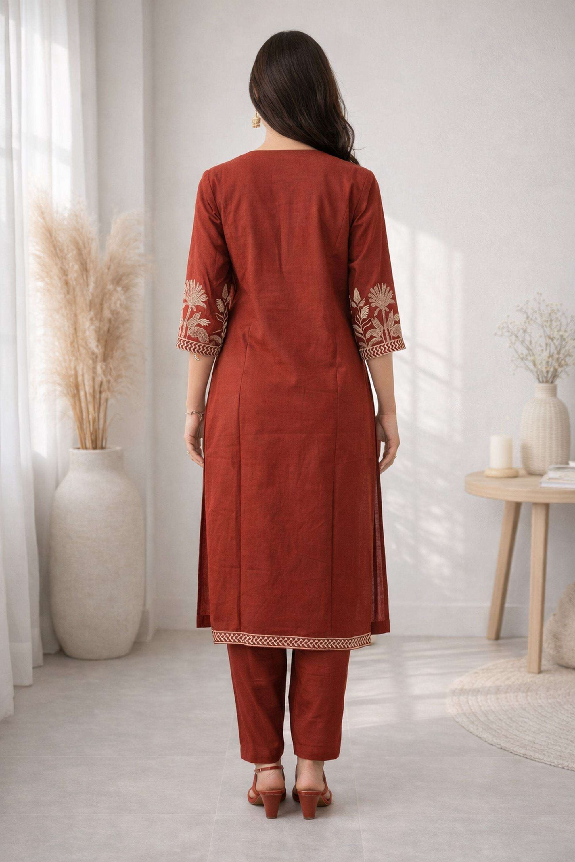 Embroidered-V-Neck-Cotton-Blend-Women-Kurta-with-Pant