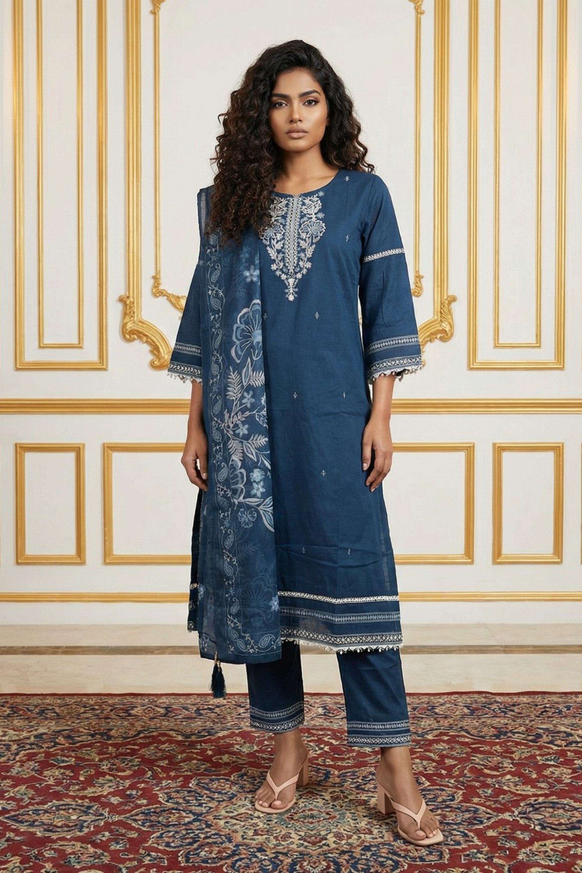 Embroidered-Cotton-Round-Neck-Women-Kurta-with-Pant-and-Dupatta