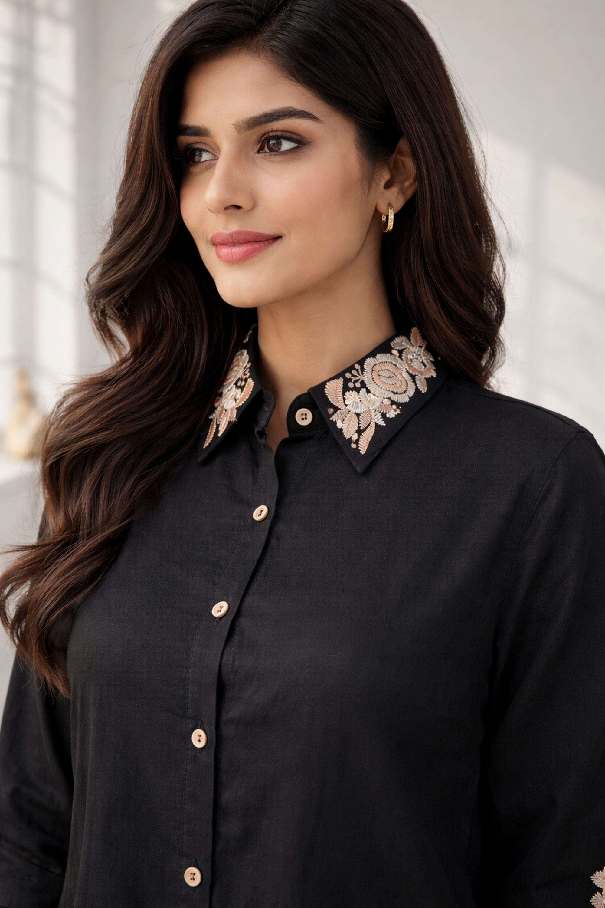 Buy Autumn Lane Black Embroidered Blended Fabric Collared Women