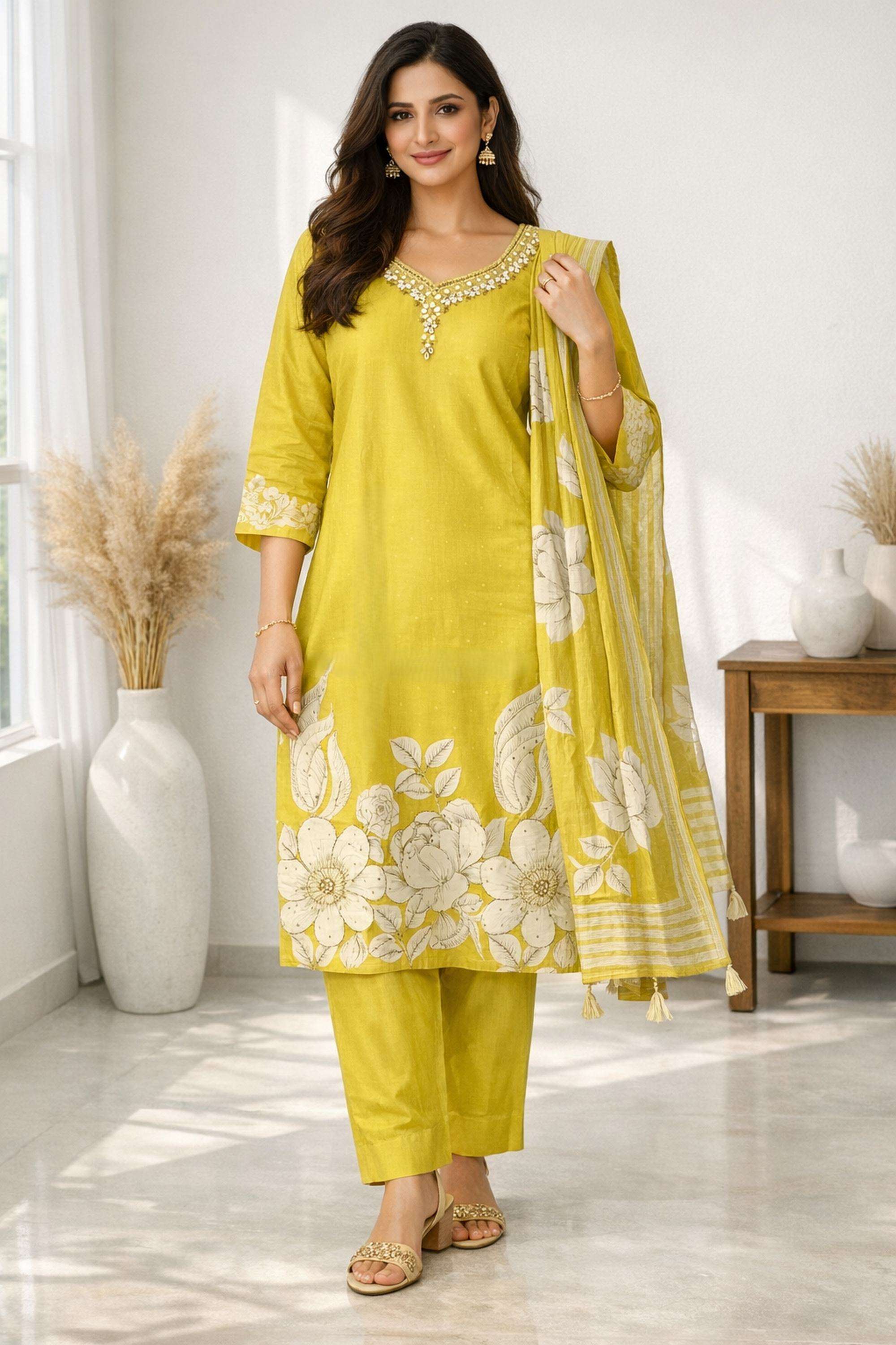 Embroidered-V-Neck-Blended-Fabric-Women-Kurta-with-Pant-&-Dupatta