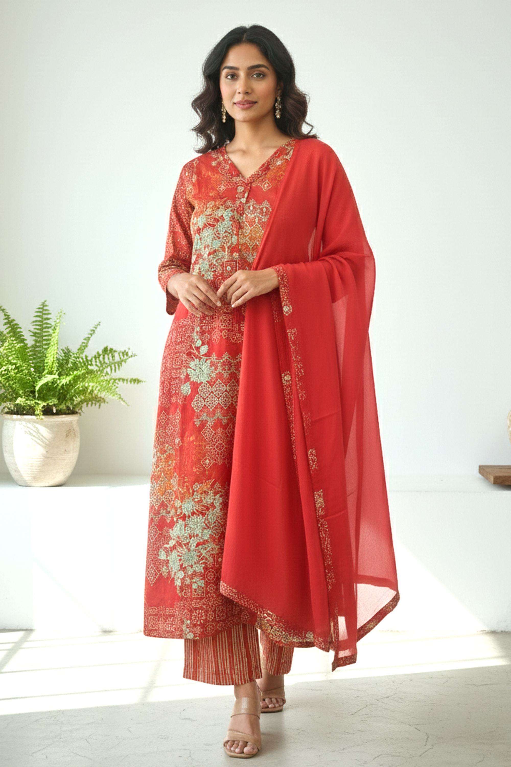 Printed-V-Neck-Blended-Fabric-Women-Kurta-with-Pant-&-Dupatta