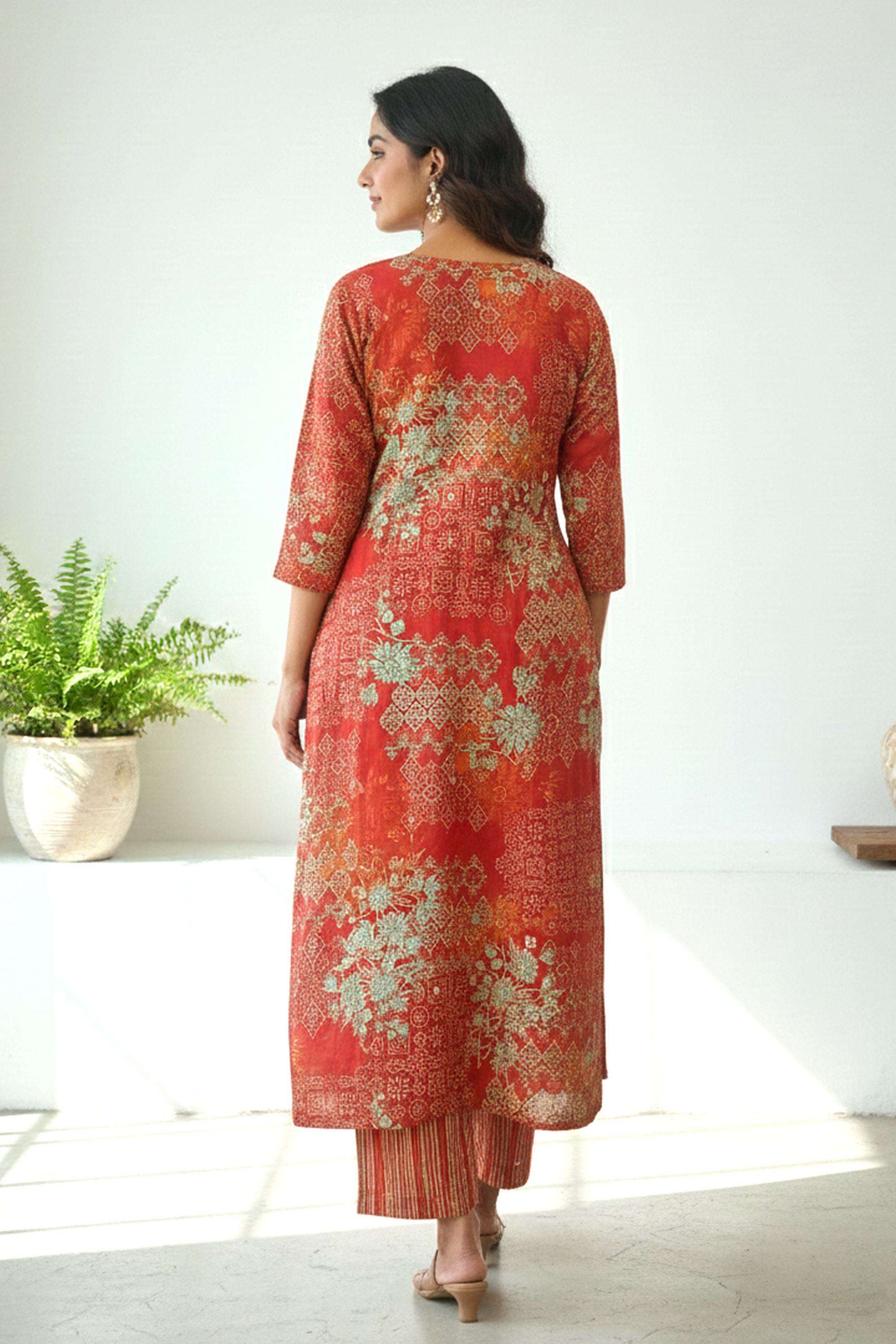 Printed-V-Neck-Blended-Fabric-Women-Kurta-with-Pant-&-Dupatta