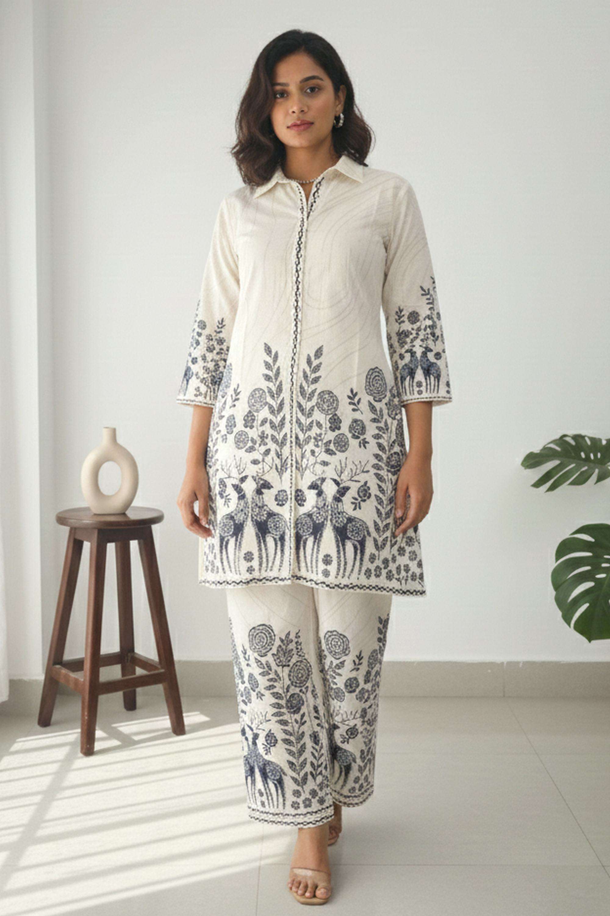 Printed-Collared-Blended-Fabric-Women-Kurta-with-Palazzo
