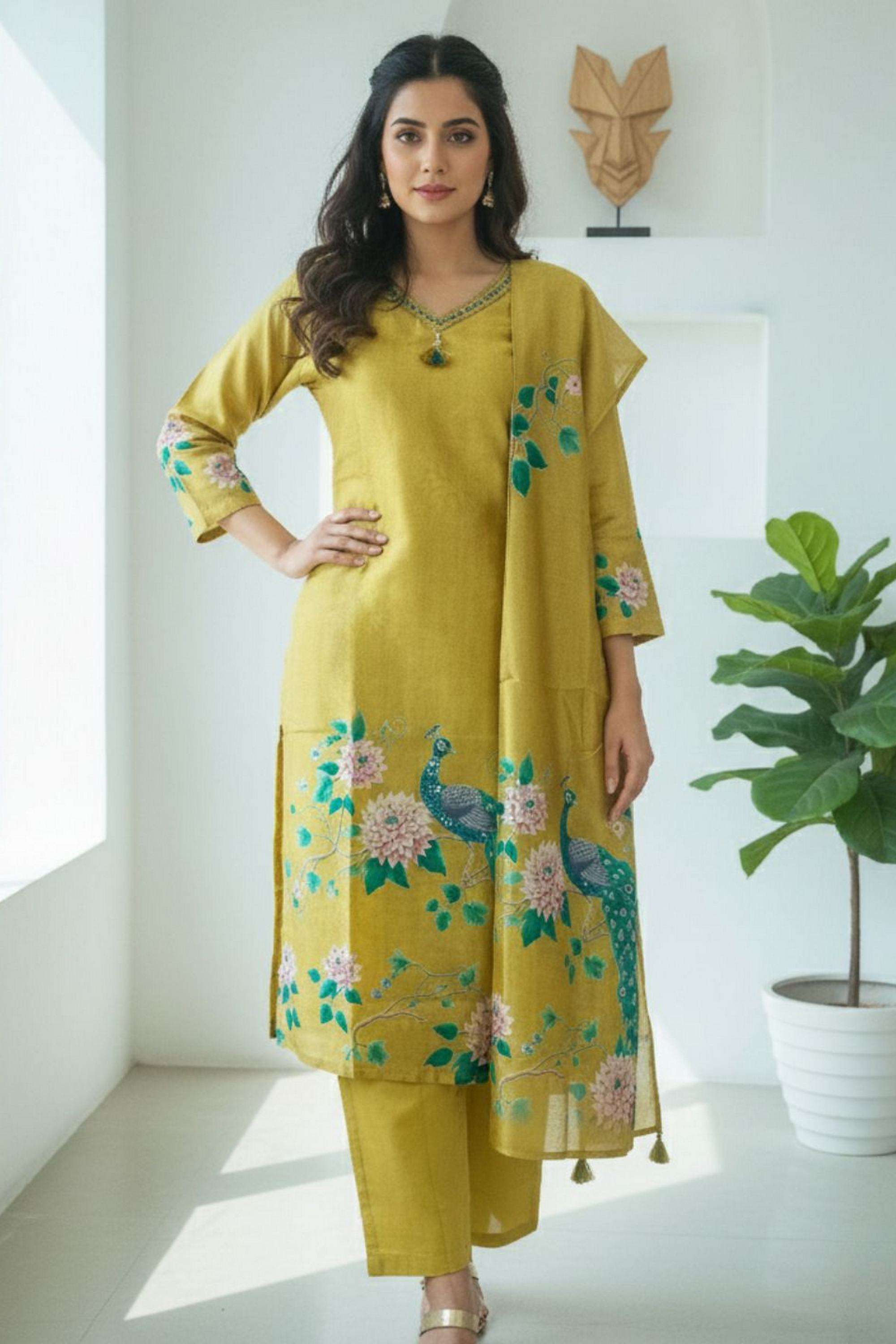 Floral-Blended-Fabric-V-Neck-Women-Kurta-with-Pant-and-Dupatta