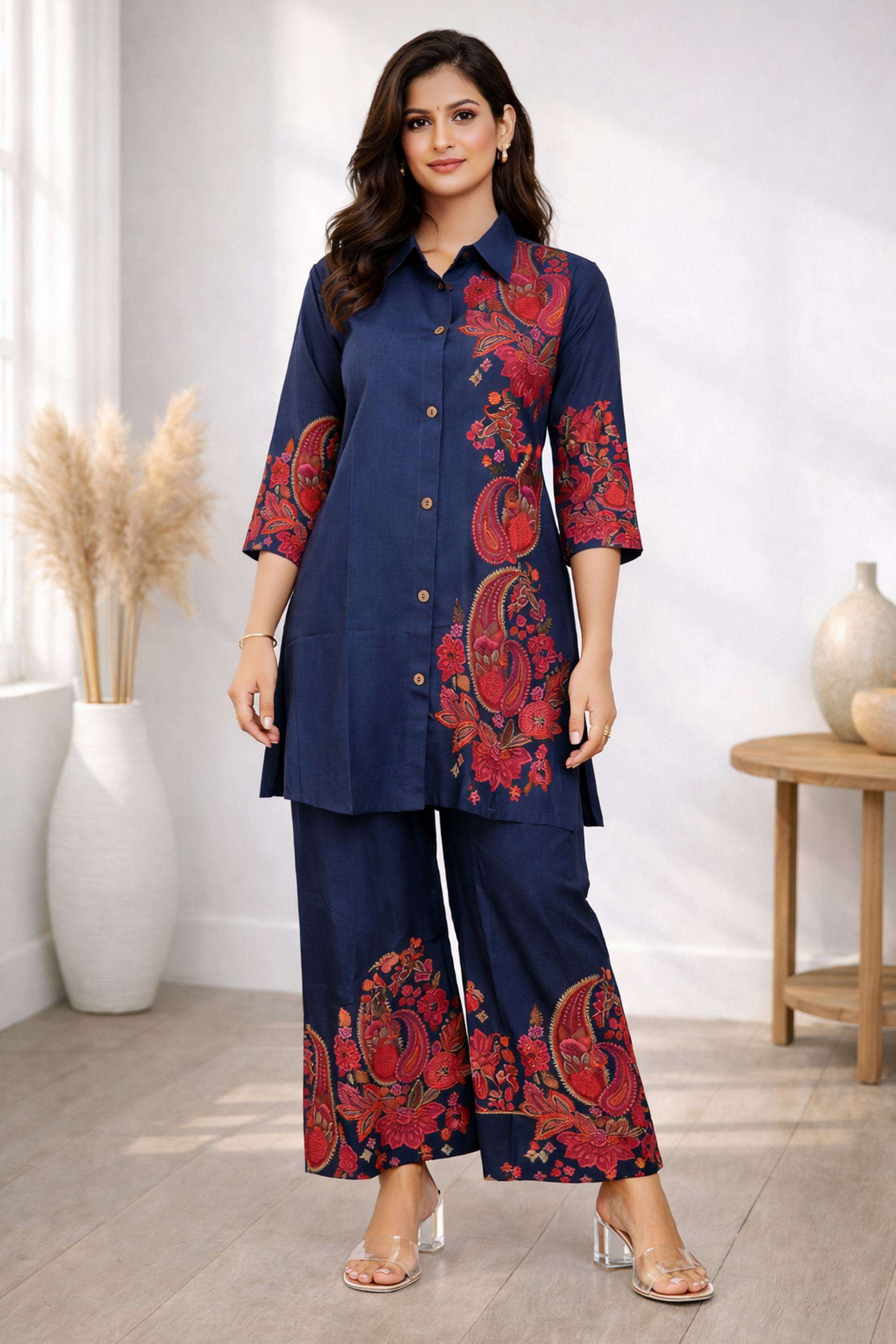 Printed-Cotton-Blend-Collared-Women-Kurta-with-Palazzo