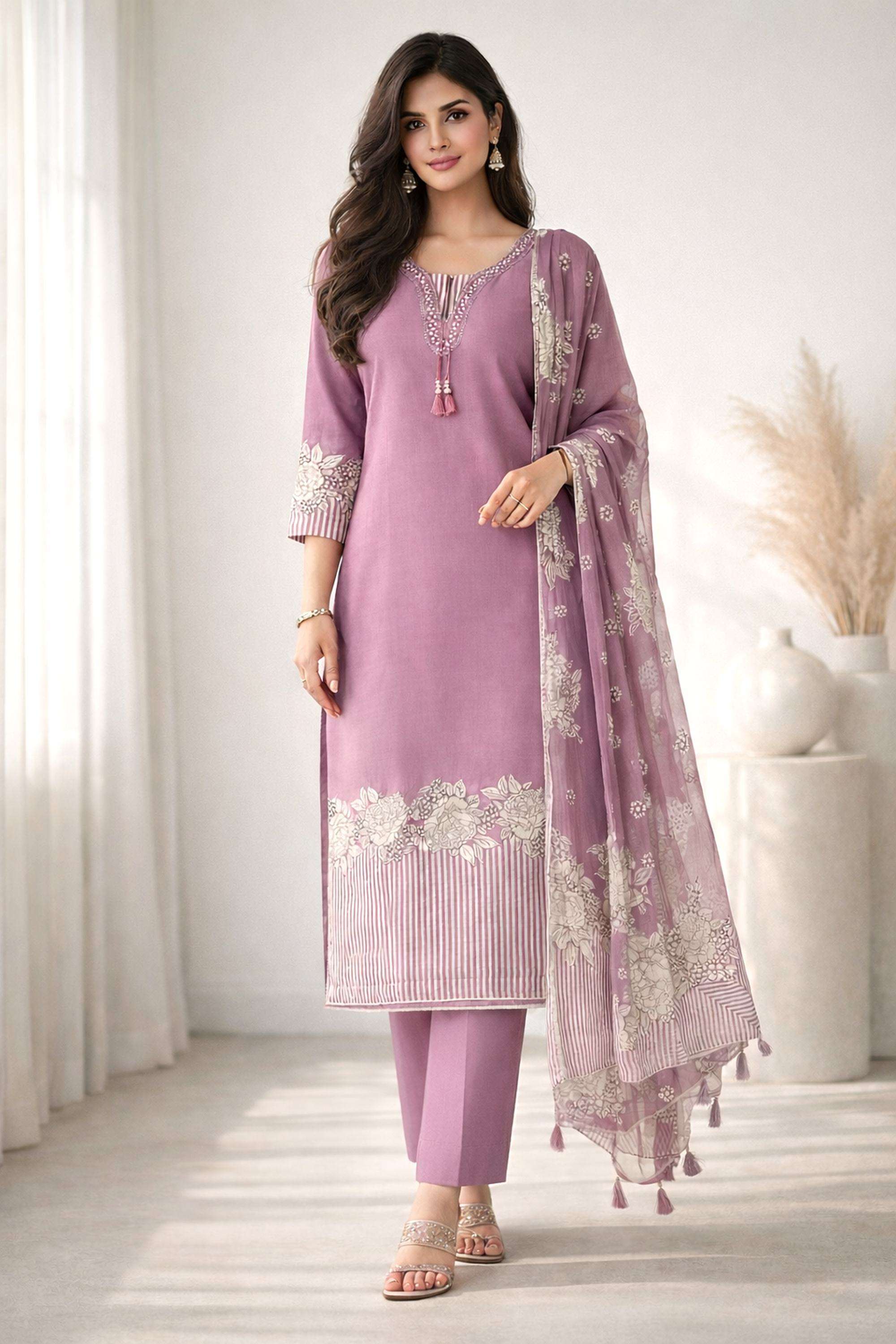 Embellished-Blended-Fabric-V-Neck-Women-Kurta-with-Pant-and-Dupatta