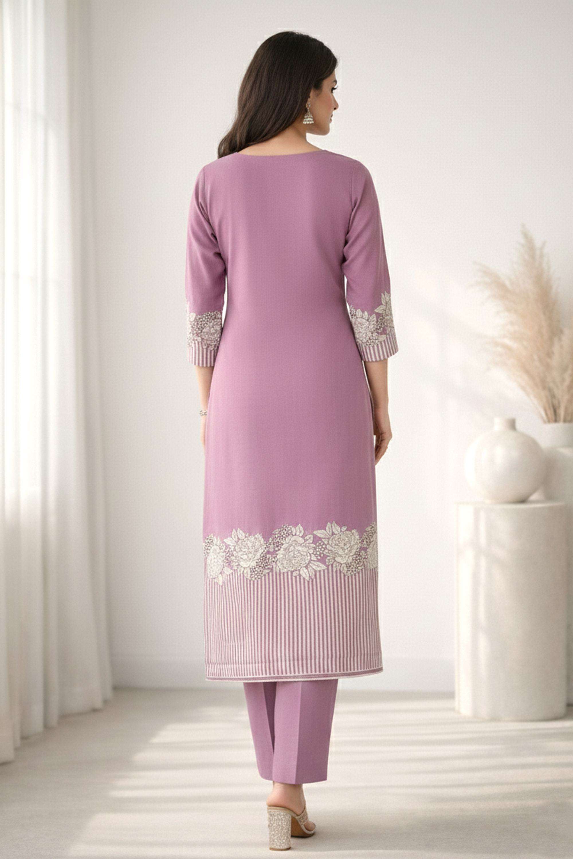 Embellished-Blended-Fabric-V-Neck-Women-Kurta-with-Pant-and-Dupatta