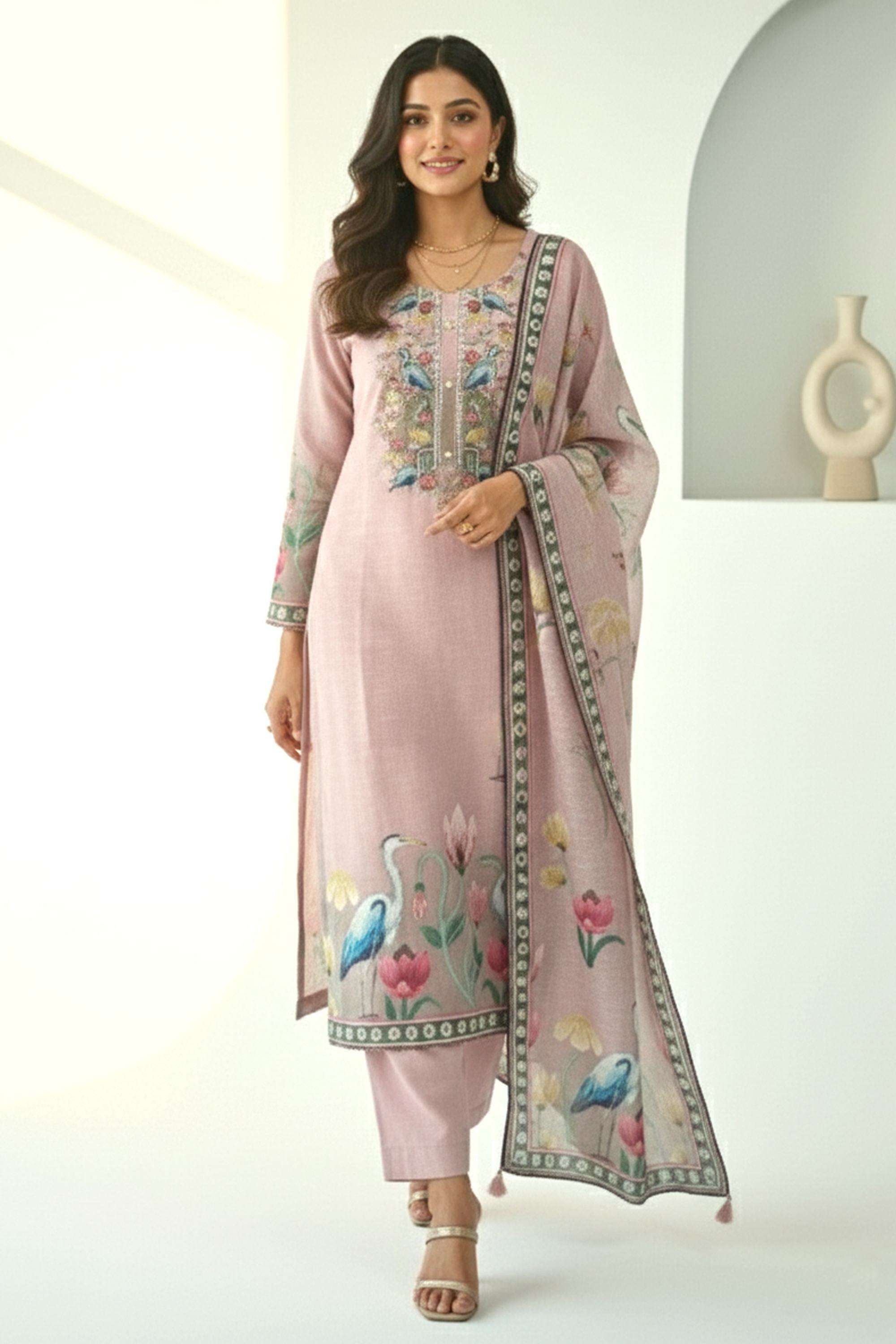 Embroidered-Round-Neck-Blended-Fabric-Women-Kurta-with-Pant-&-Dupatta