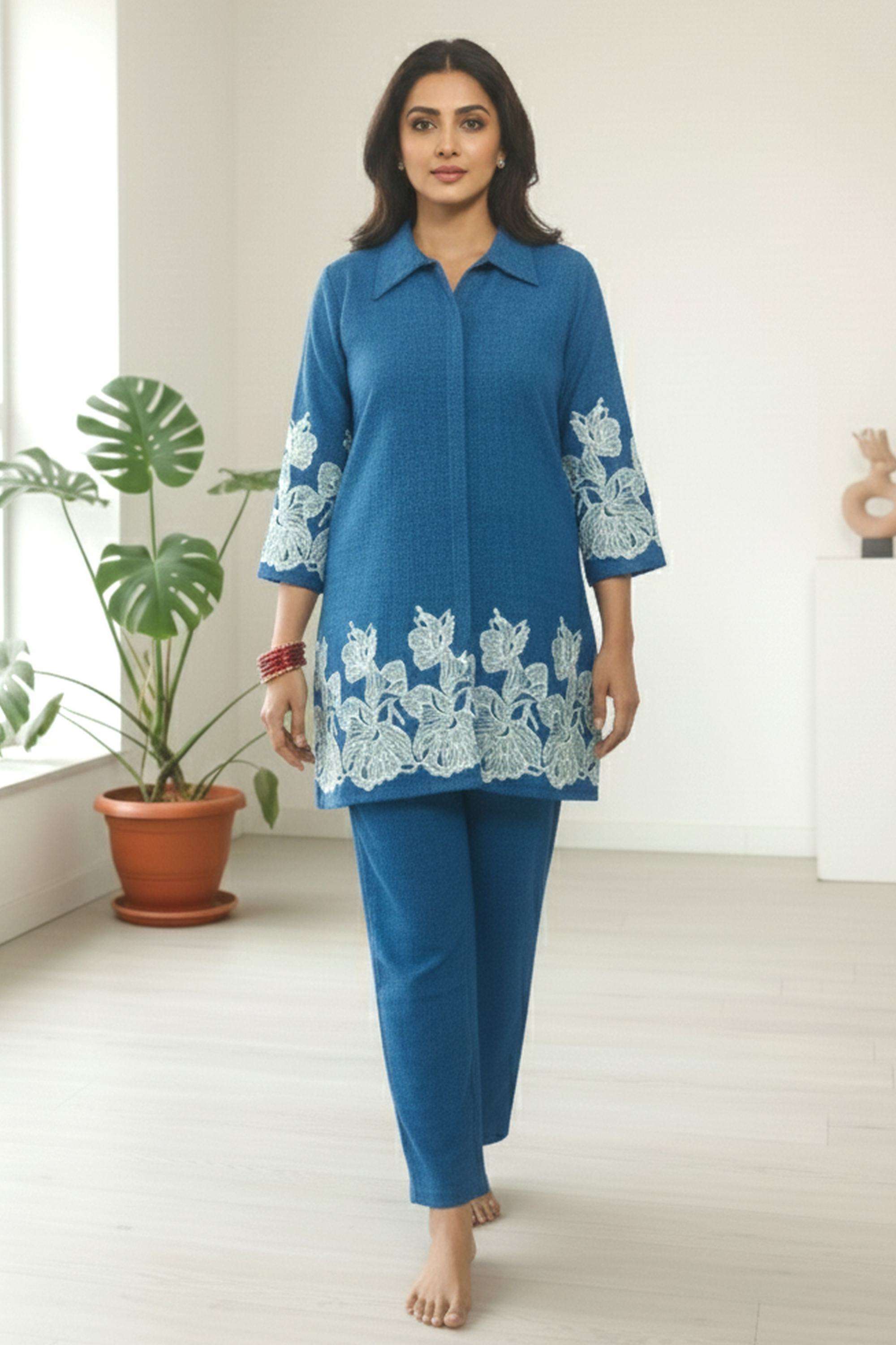 Embroidered-Cotton-Collared-Women-Kurti-with-Pant