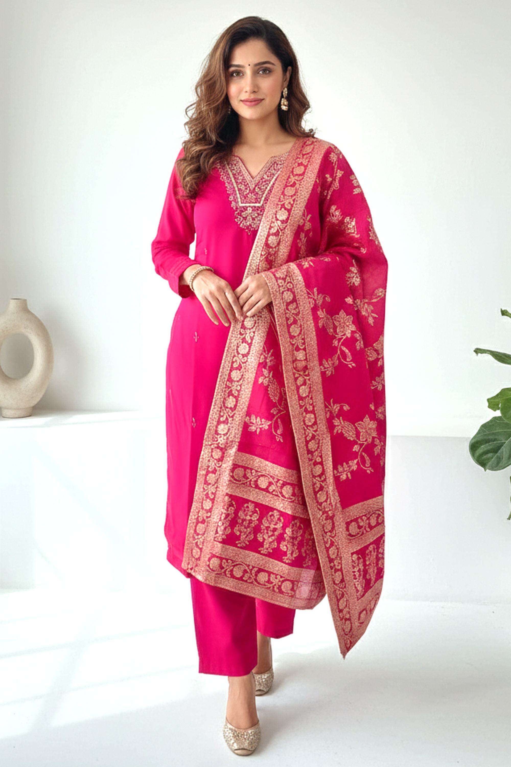 Embellished-Round-Neck-Blended-Fabric-Women-Kurta-with-Pant-&-Dupatta