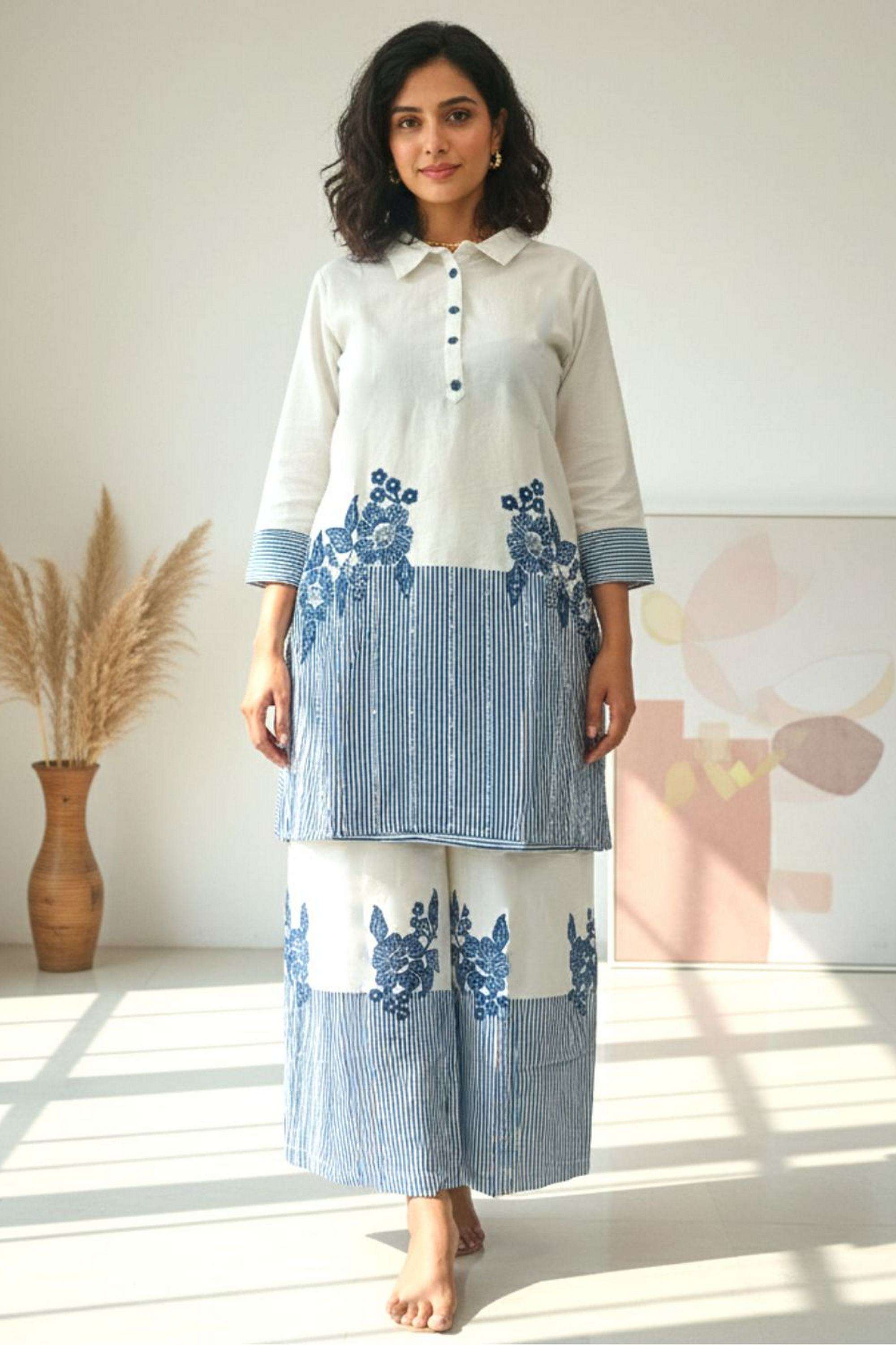 Embroidered-Collared-Blended-Fabric-Women-Kurta-with-Palazzo