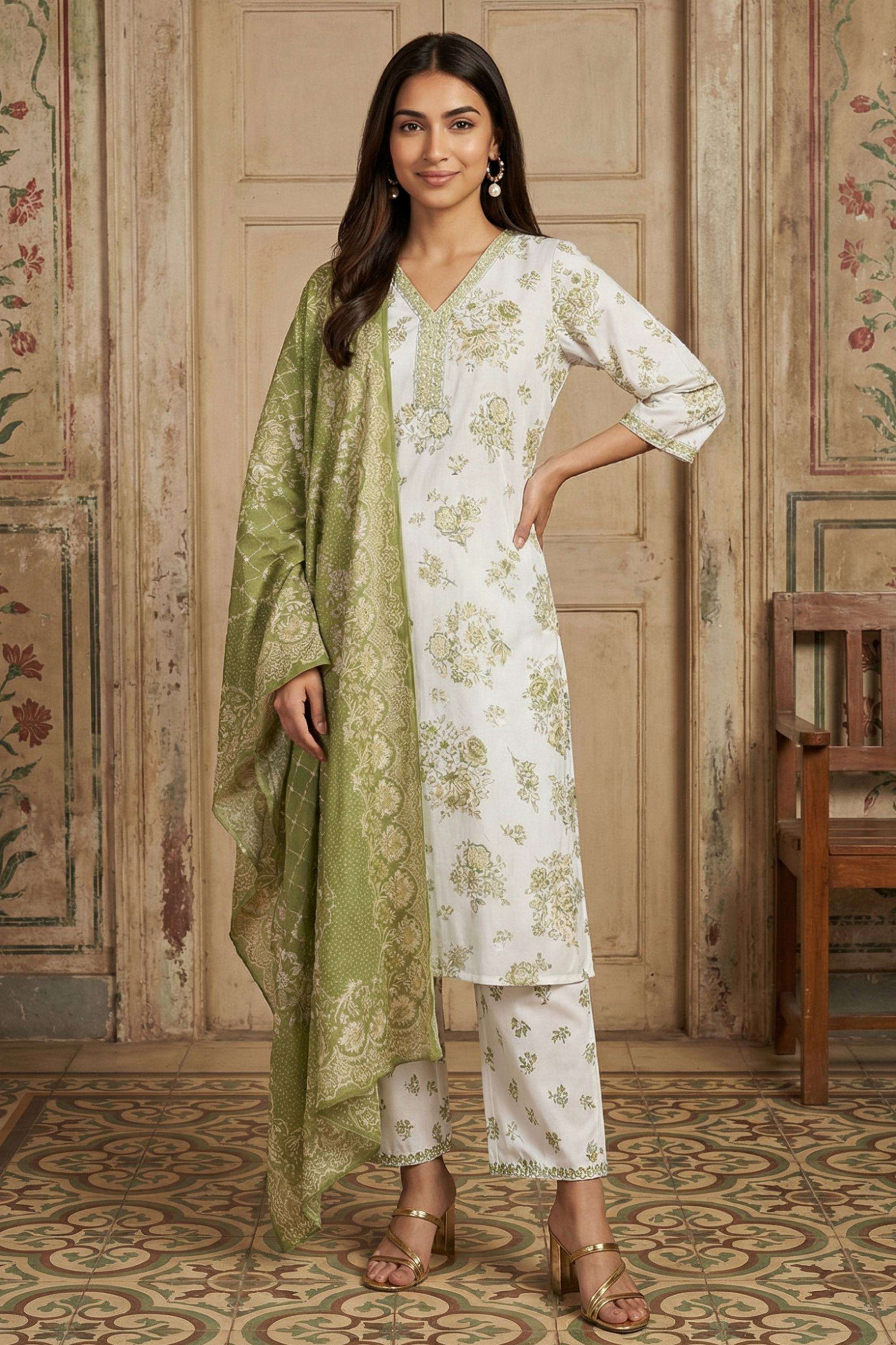 Floral-Rayon-V-Neck-Women-Kurta-with-Pant-and-Dupatta