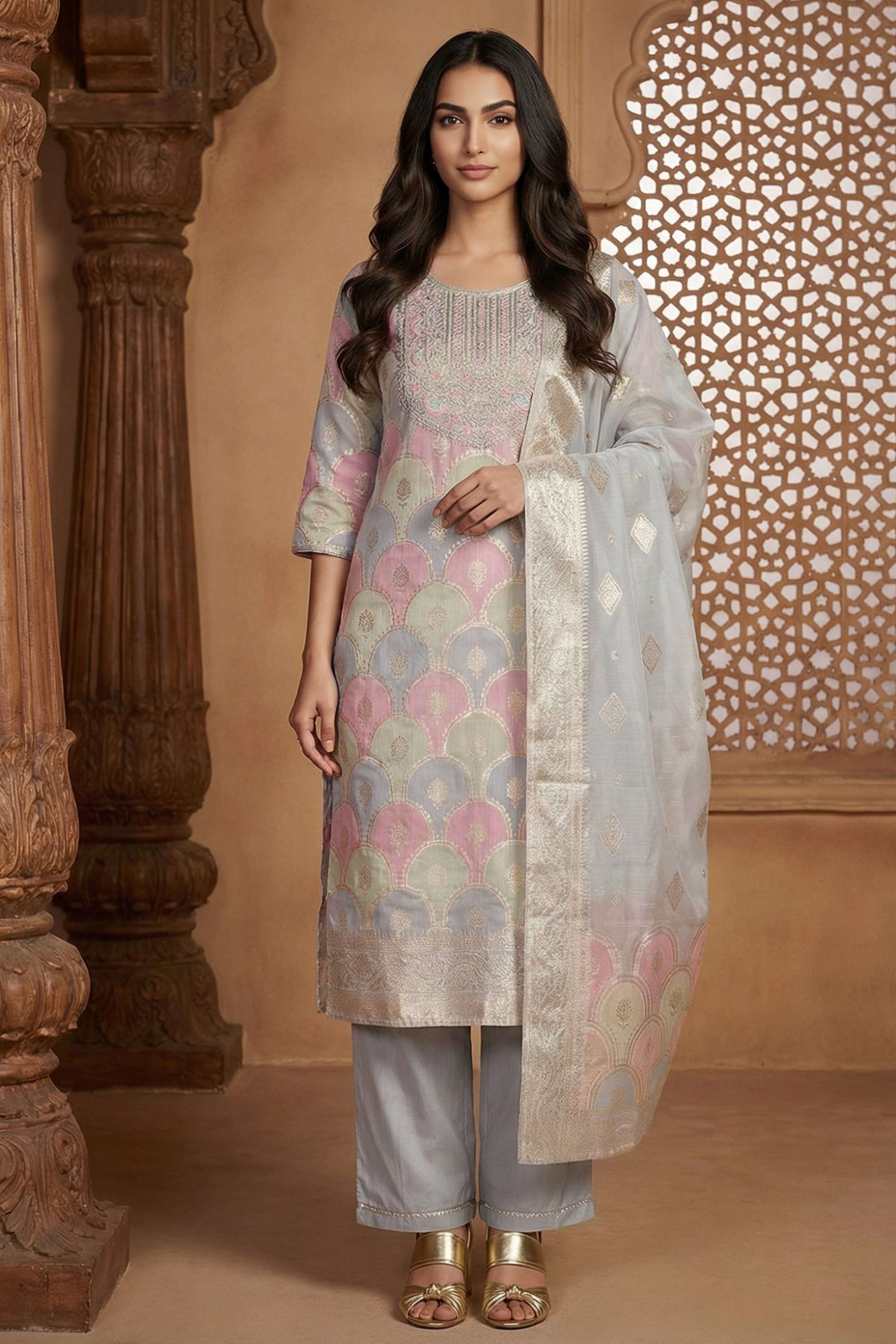 Printed-Round-Neck-Polyester-Women-Kurta-with-Pant-and-Dupatta