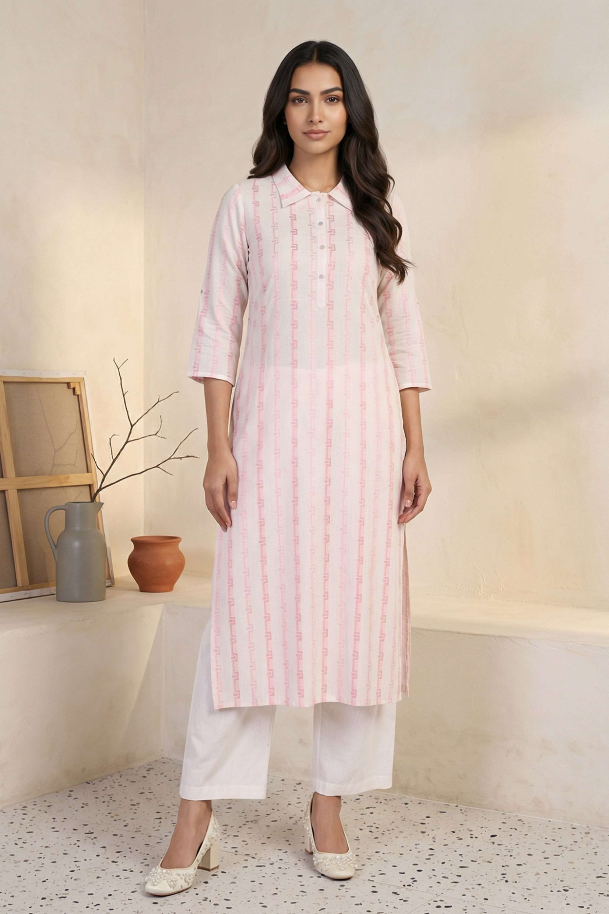 Geometric-Print-Collared-Cotton-Blend-Women-Kurta-with-Pant