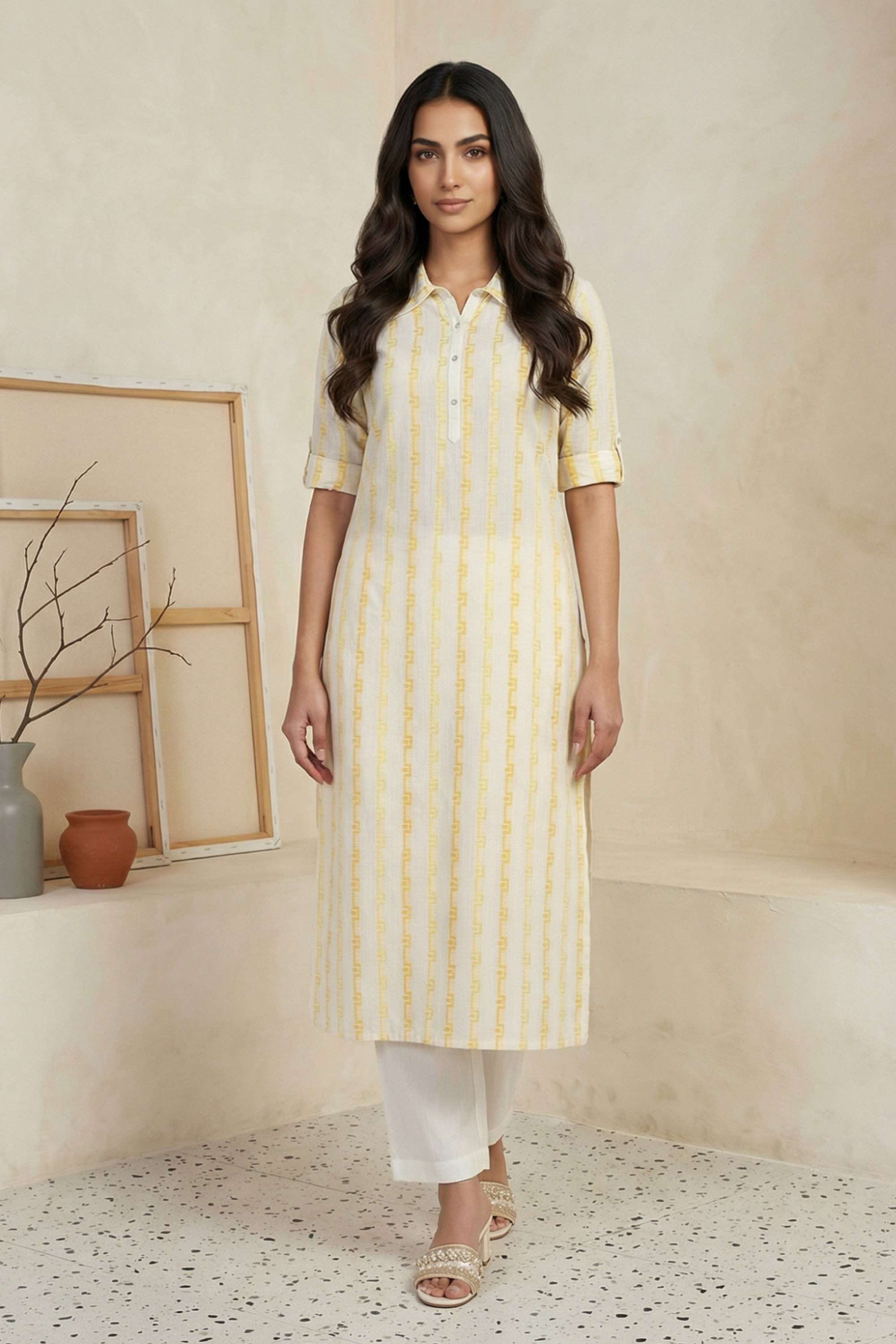 Geometric-Print-Collared-Cotton-Blend-Women-Kurta-with-Pant