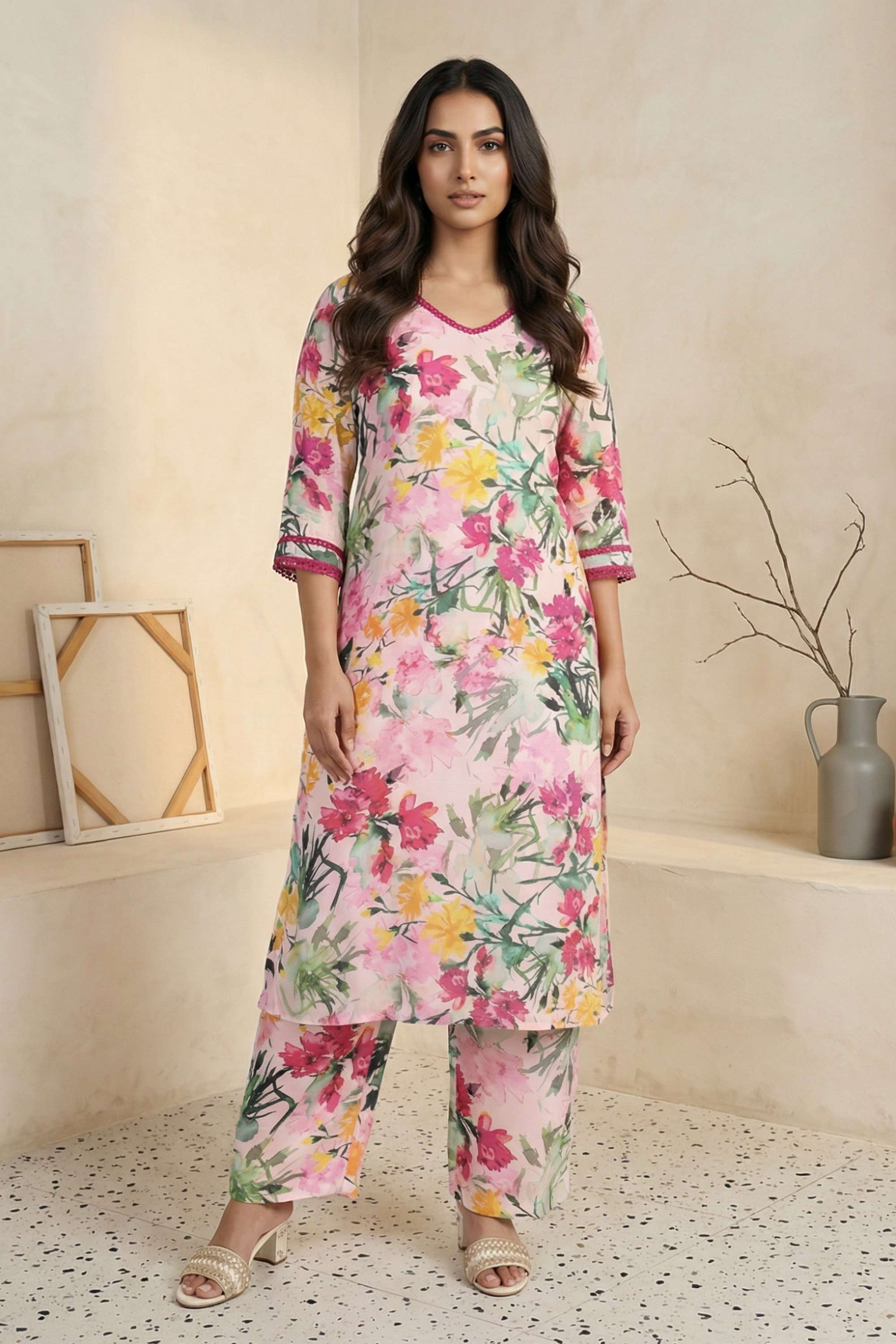 Printed-V-Neck-Cotton-Blend-Women-Kurta-with-Pant