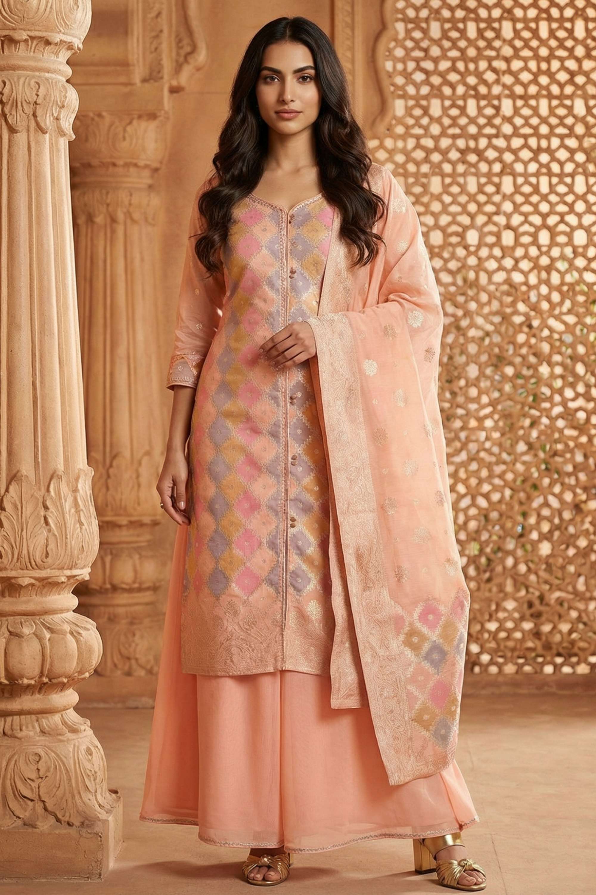 Printed-Polyester-V-Neck-Women-Kurta-with-Palazzo-and-Dupatta