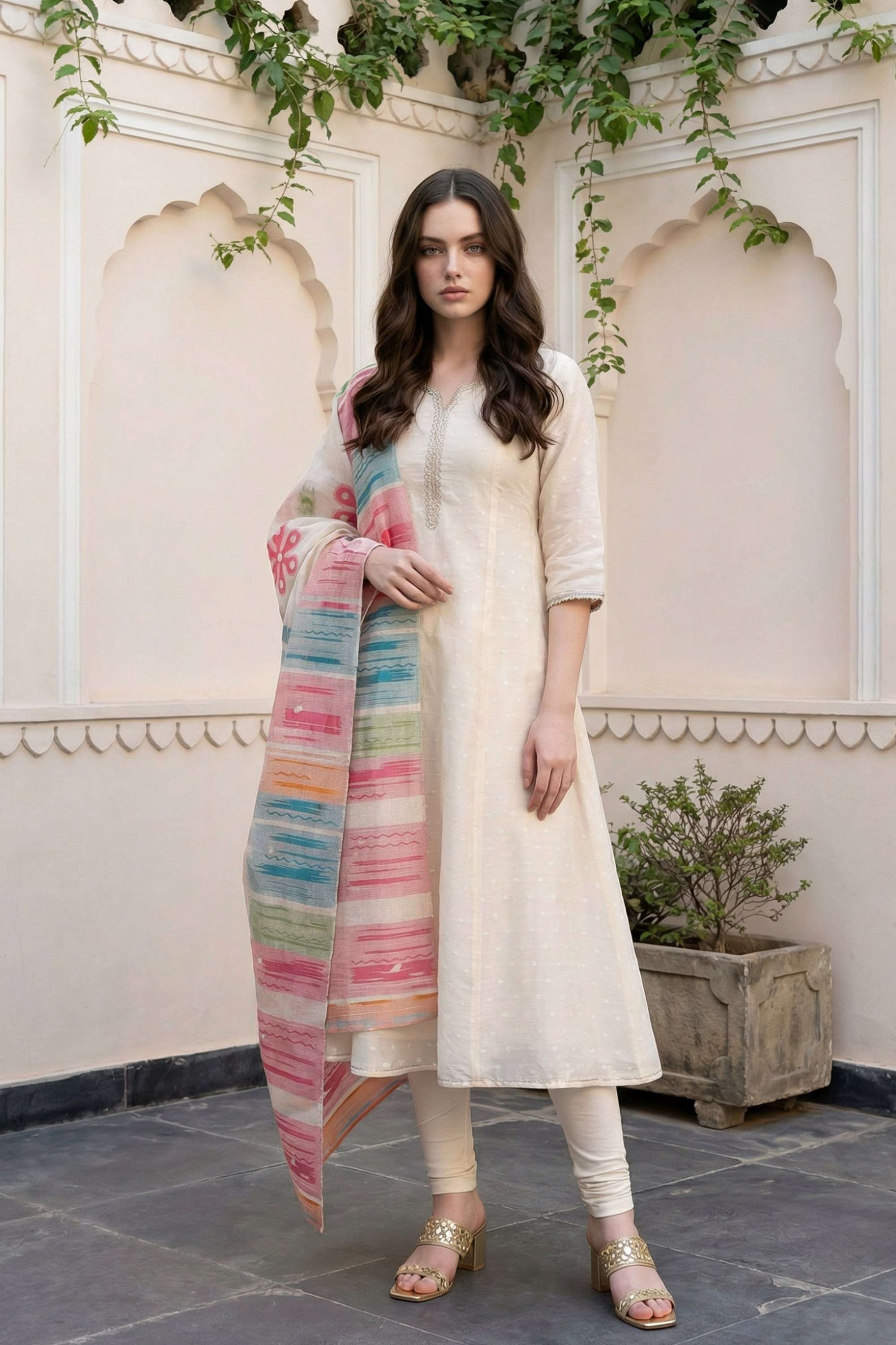 Textured-Round-Neck-Polyester-Women-Kurta-with-Churidar-and-Dupatta