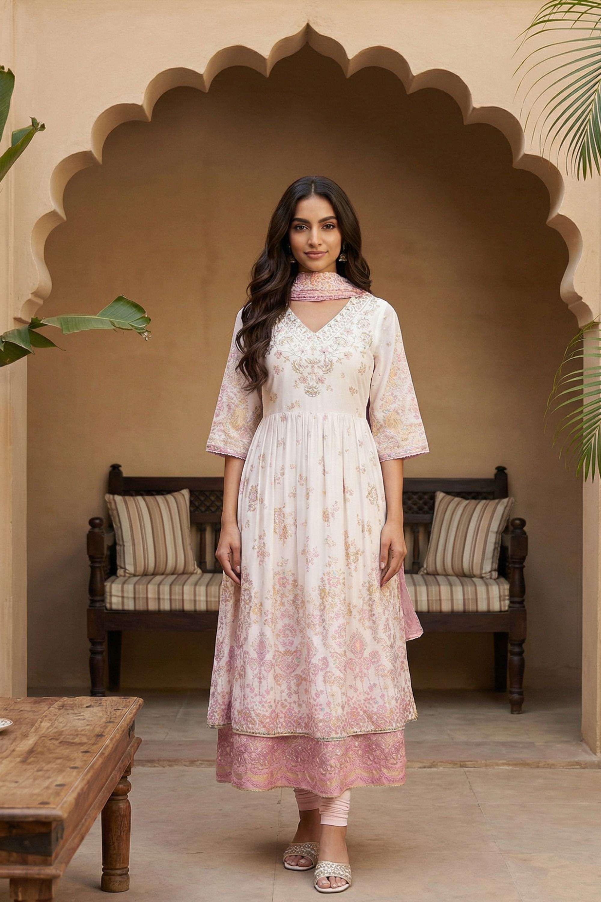 Floral-Blended-Fabric-V-Neck-Women-s-Festive-Wear-Kurta-Set