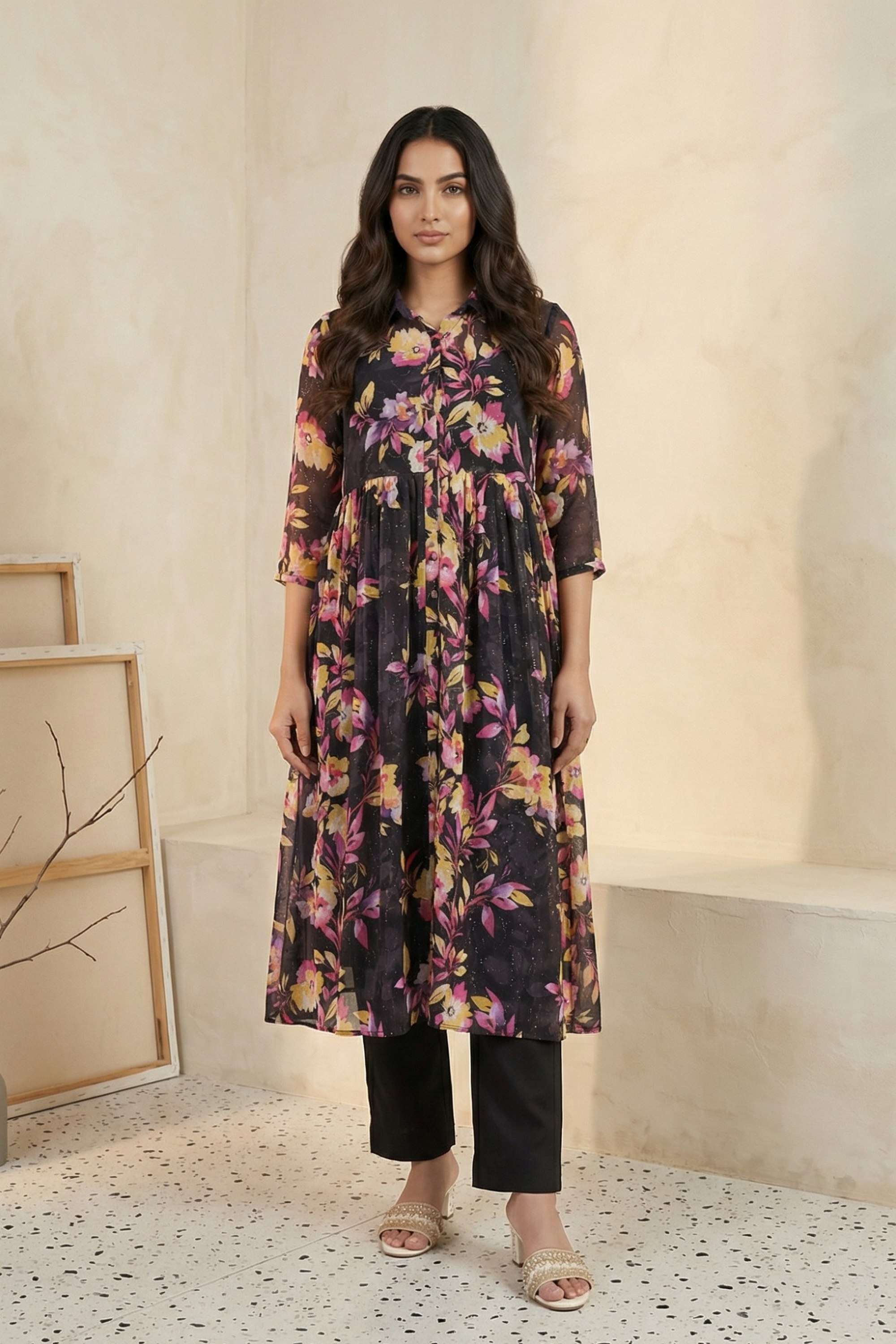 Printed-Collared-Blended-Fabric-Women-Kurta-with-Gilet-and-Pant