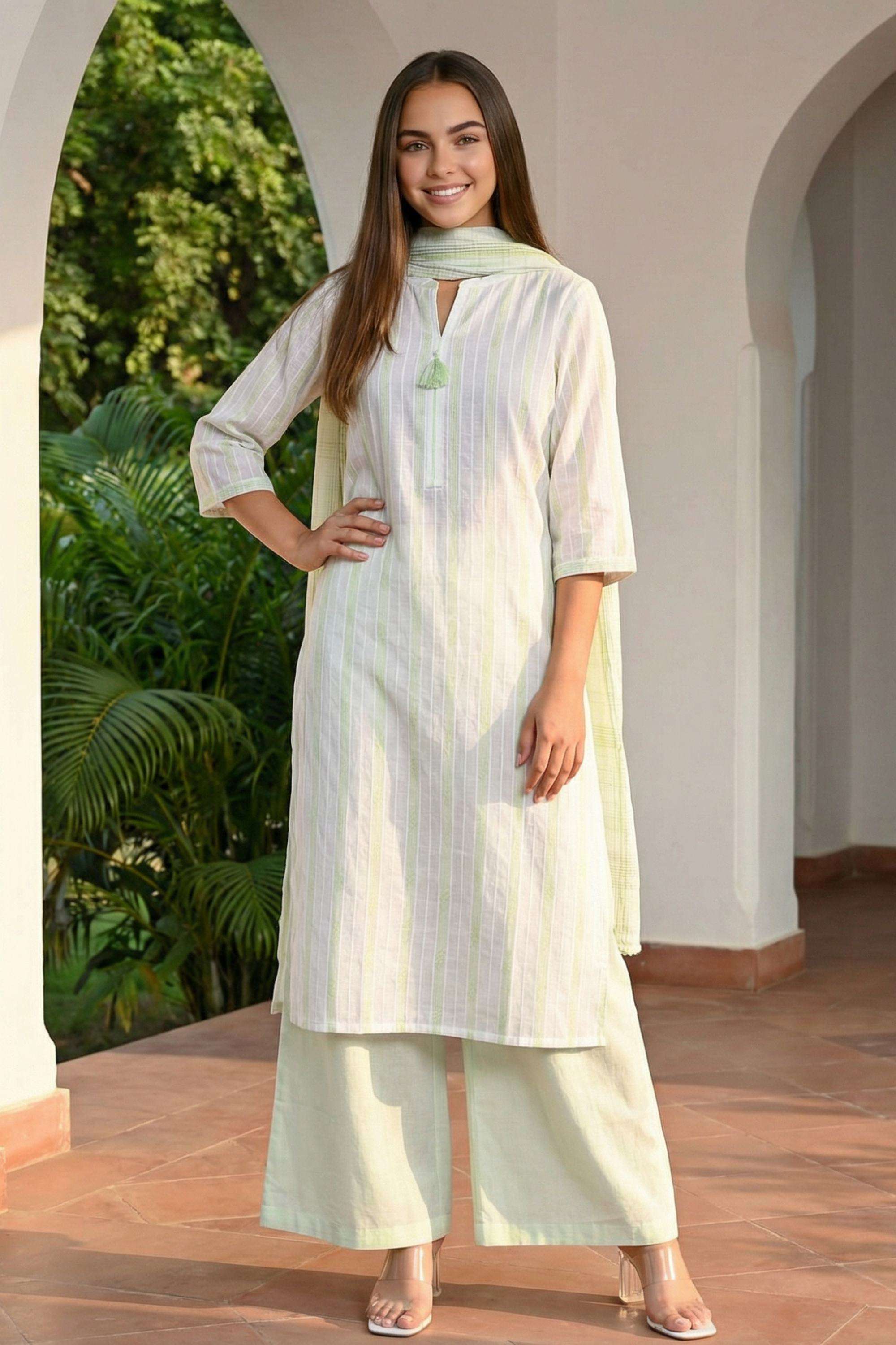 Stripes-Cotton-Round-Neck-Women-s-Work-Kurta-Set
