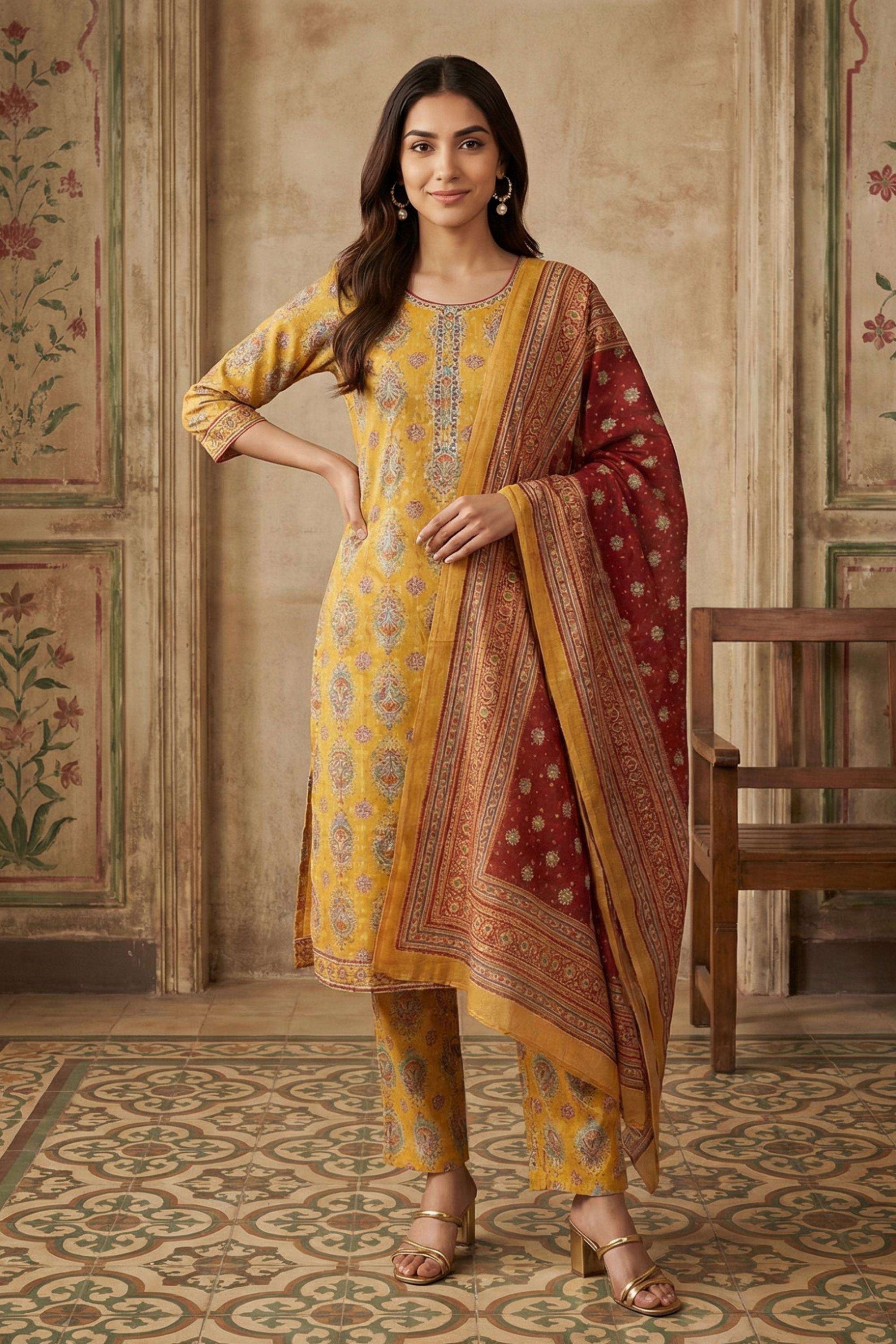 Printed-Muslin-Round-Neck-Women-Kurta-with-Pant-and-Dupatta