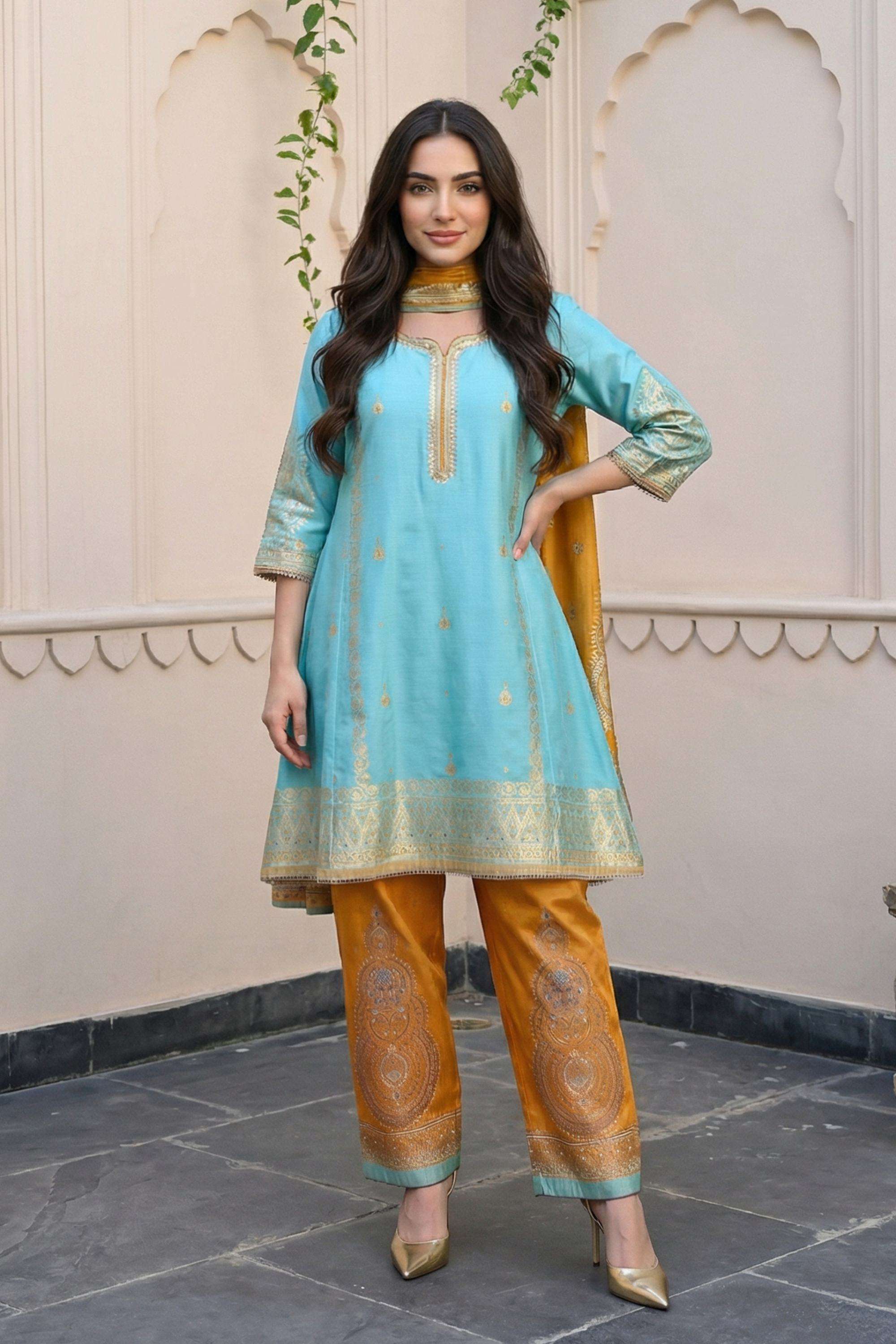 Printed-Viscose-Round-Neck-Women-Kurta-with-Pant-and-Dupatta