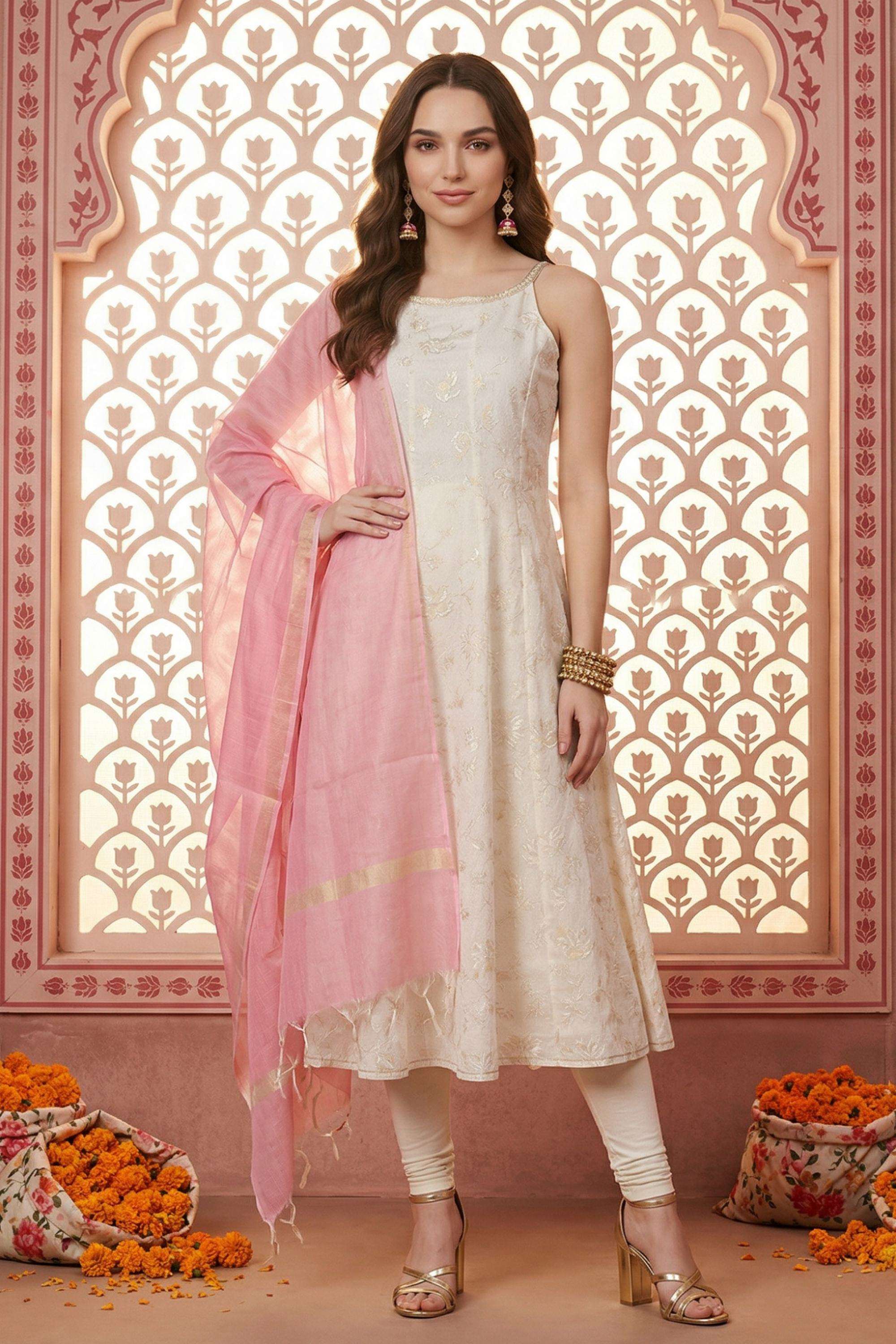 Printed-Chanderi-Round-Neck-Women-Kurta-with-Leggings-and-Dupatta