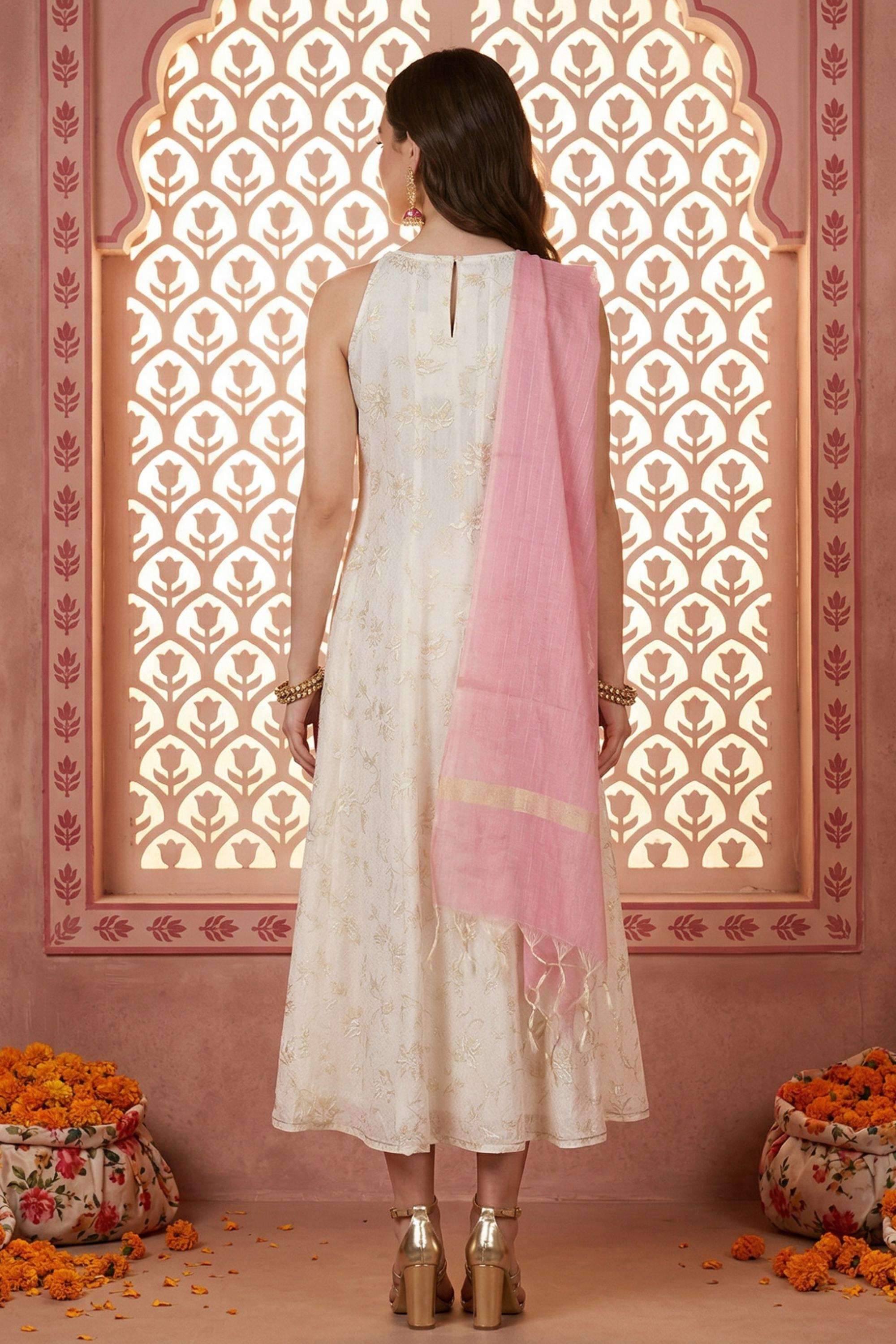 Printed-Chanderi-Round-Neck-Women-Kurta-with-Leggings-and-Dupatta
