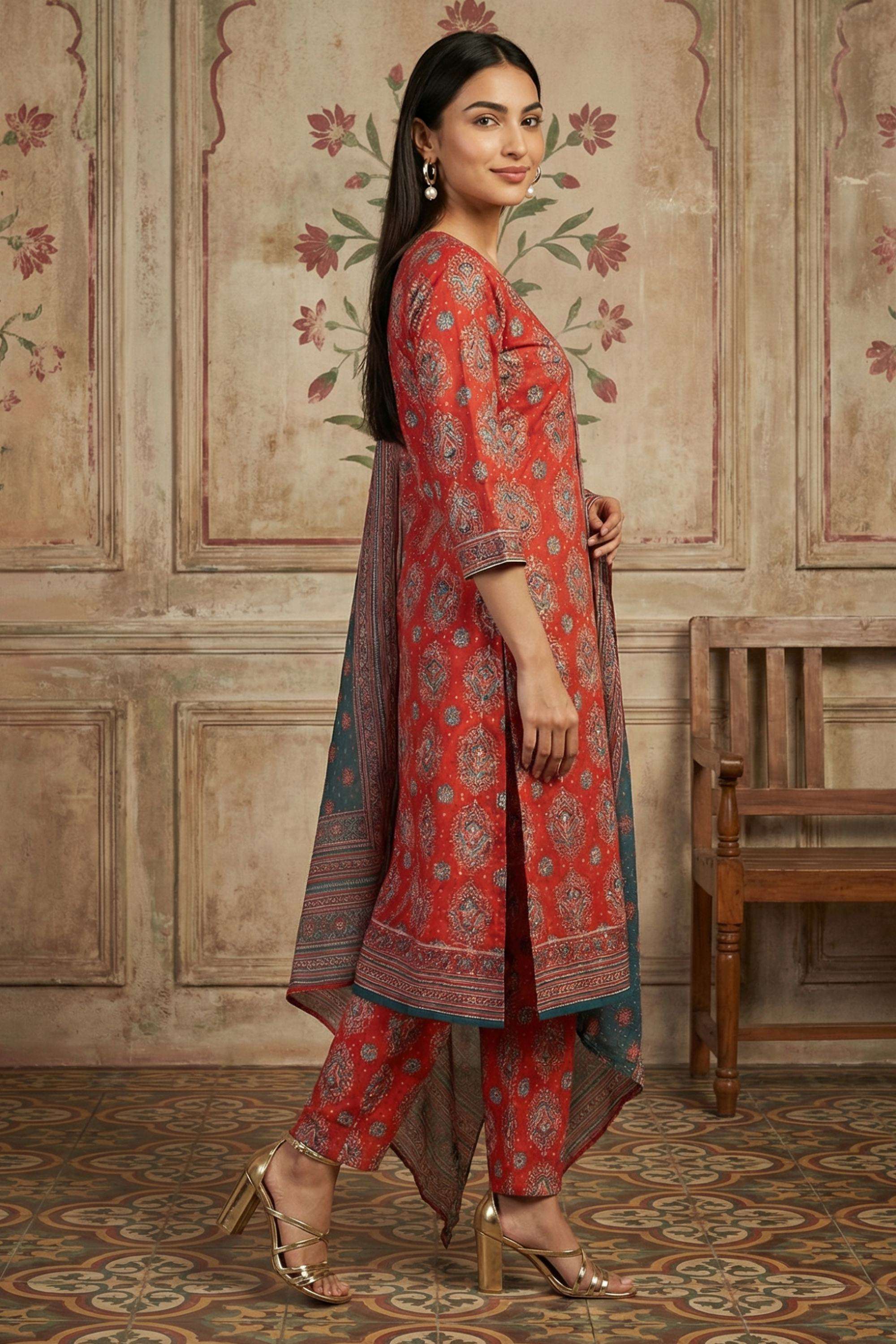 Printed-Rayon-Round-Neck-Women-Kurta-with-Pant-and-Dupatta