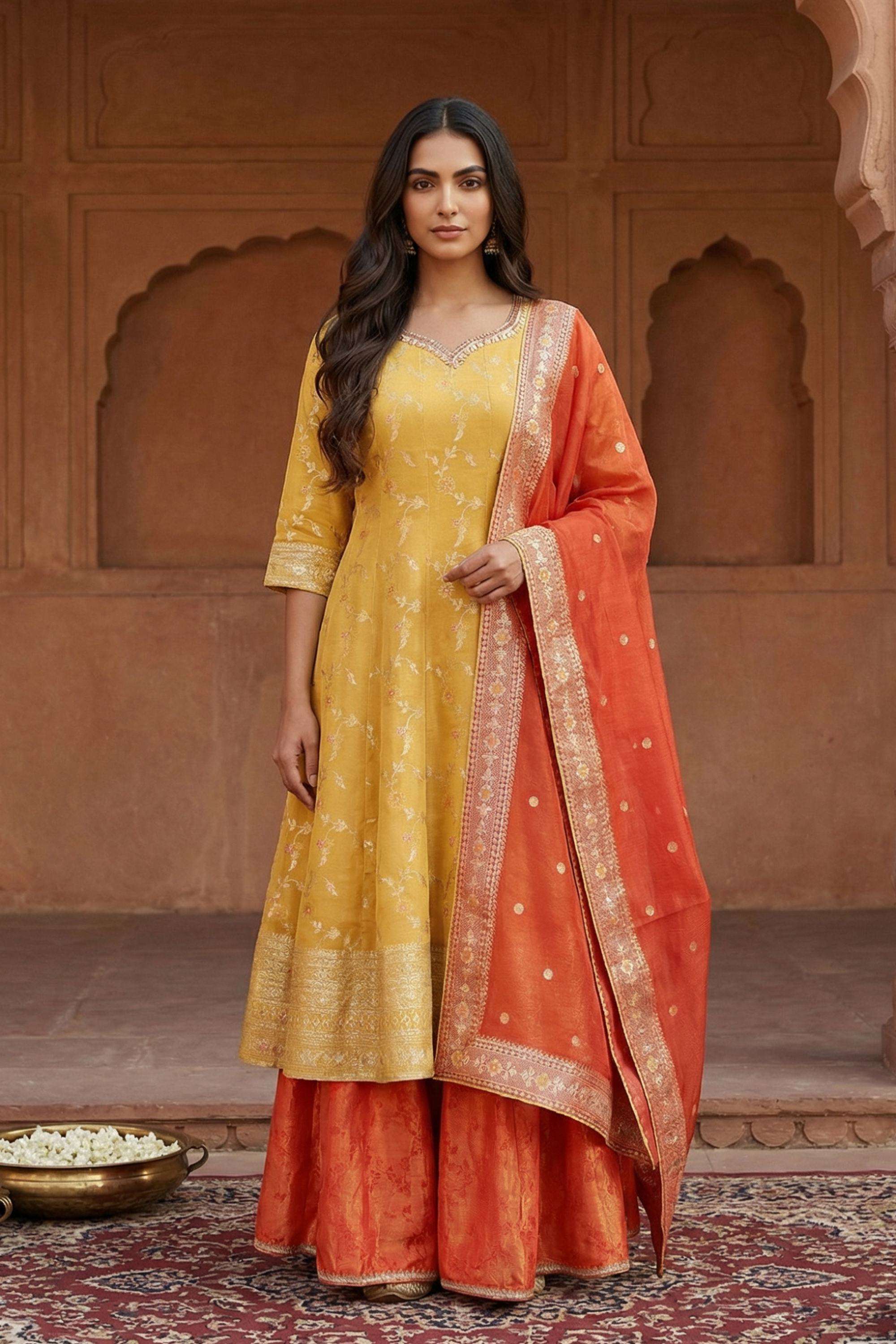 Floral-Blended-Fabric-Sweetheart-Neck-Women-s-Festive-Wear-Kurta-Set