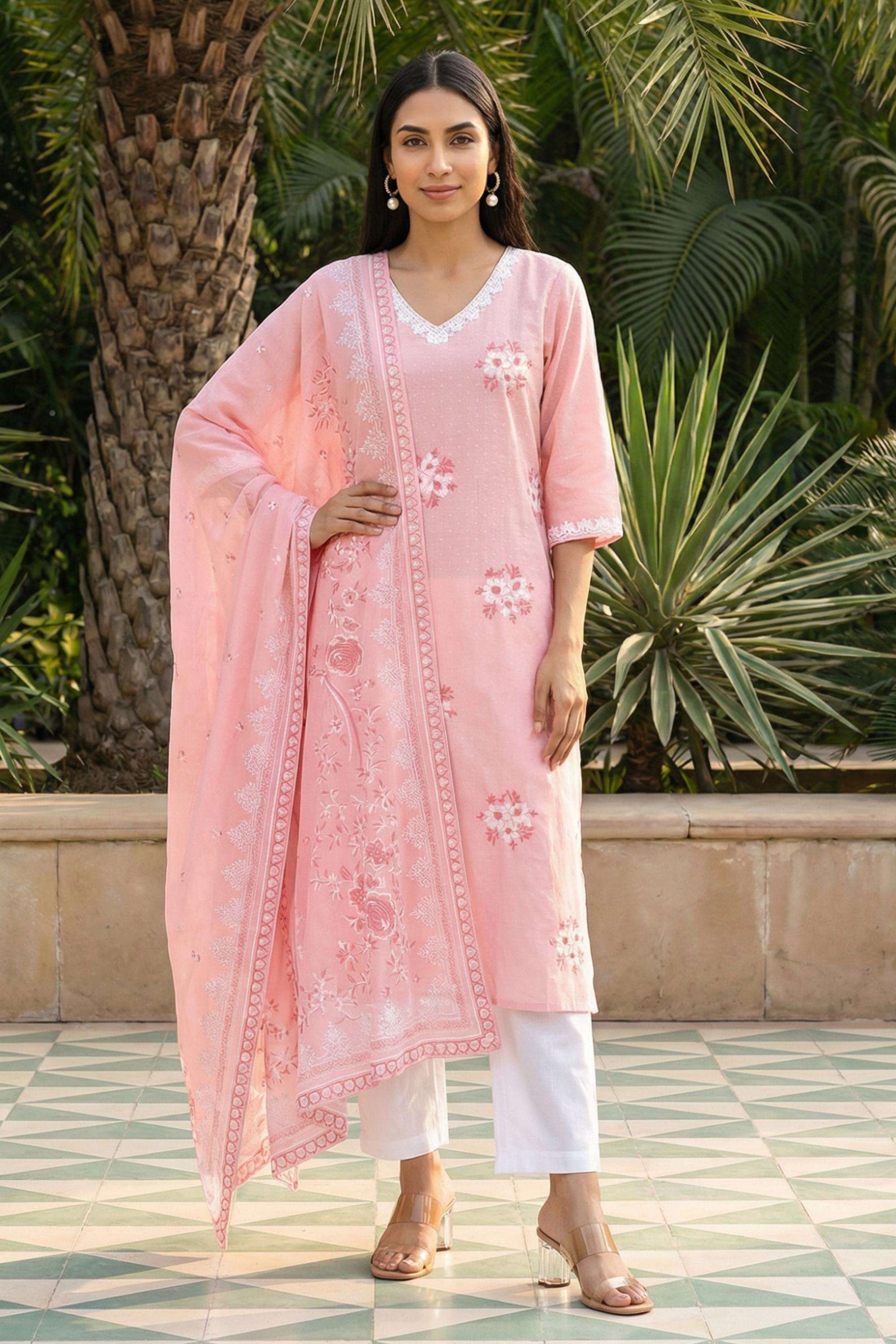 Floral-Blended-Fabric-V-Neck-Women-s-Casual-Wear-Kurta-Set