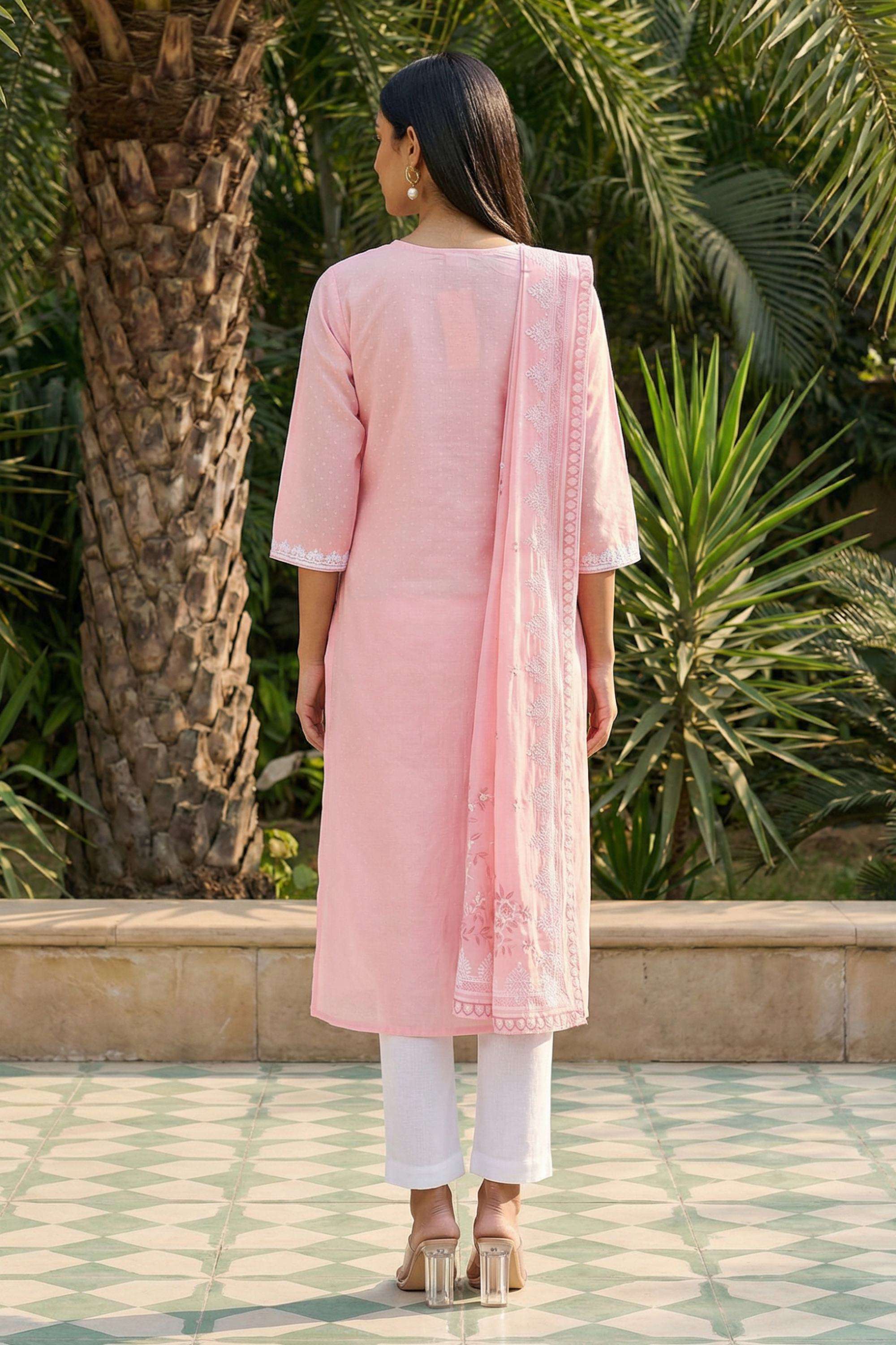Floral-Blended-Fabric-V-Neck-Women-s-Casual-Wear-Kurta-Set